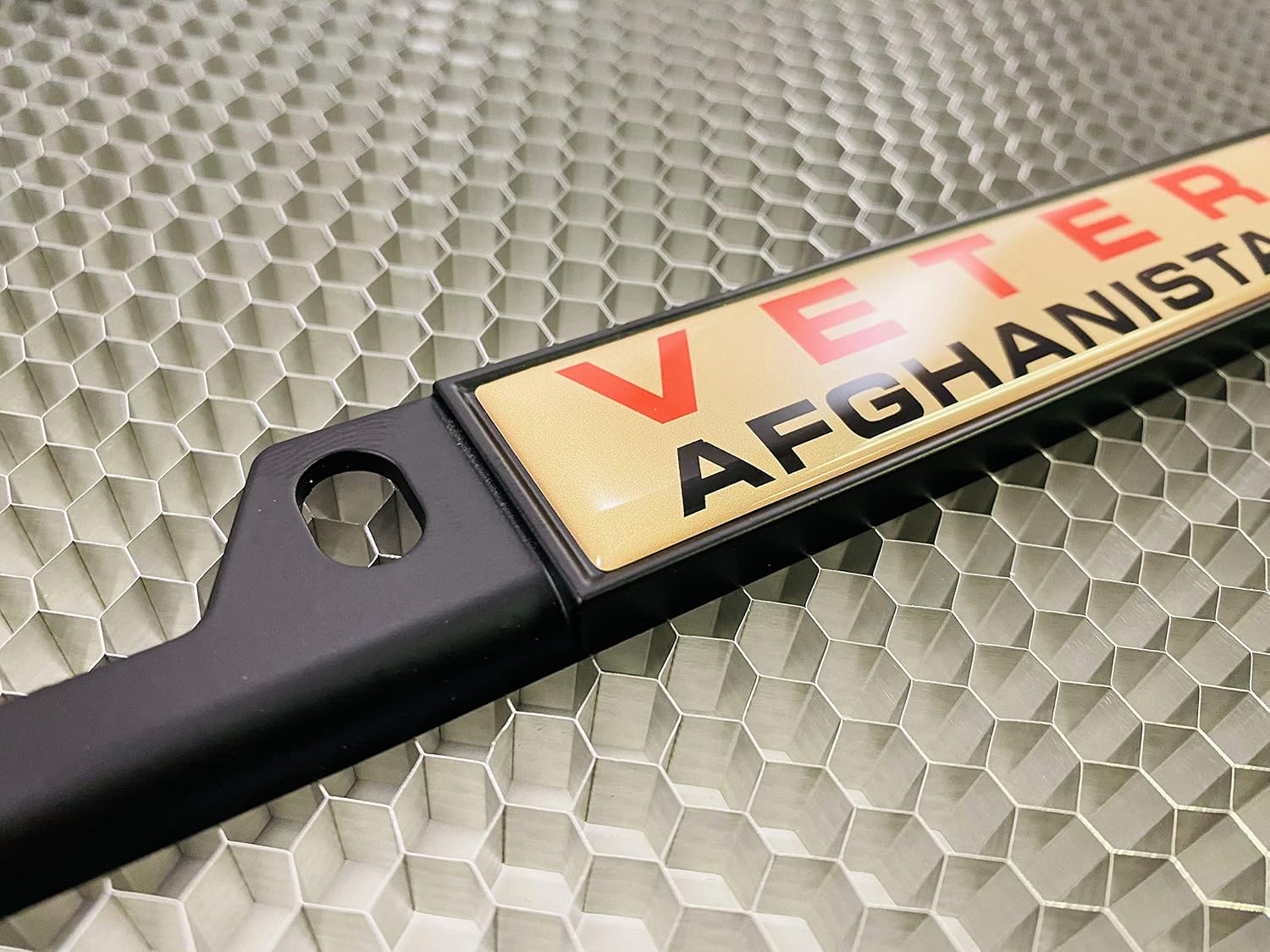 Afghanistan War Veteran - Domed Custom-Made Personalized Narrow (Thin) Top 4 Hole Metal Car License Plate Frame with Free caps - Black (Quantity: 1 Frame)