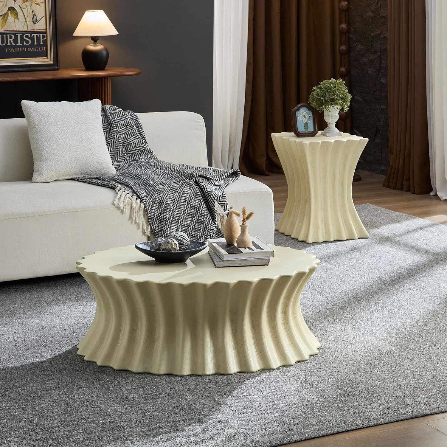 JUSTONE 2-Piece Oval Coffee Table Set, 35.04''+15.16'' Inch, Vintage Fiberglass Coffee Tables for Living Room, No Assembly, Beige