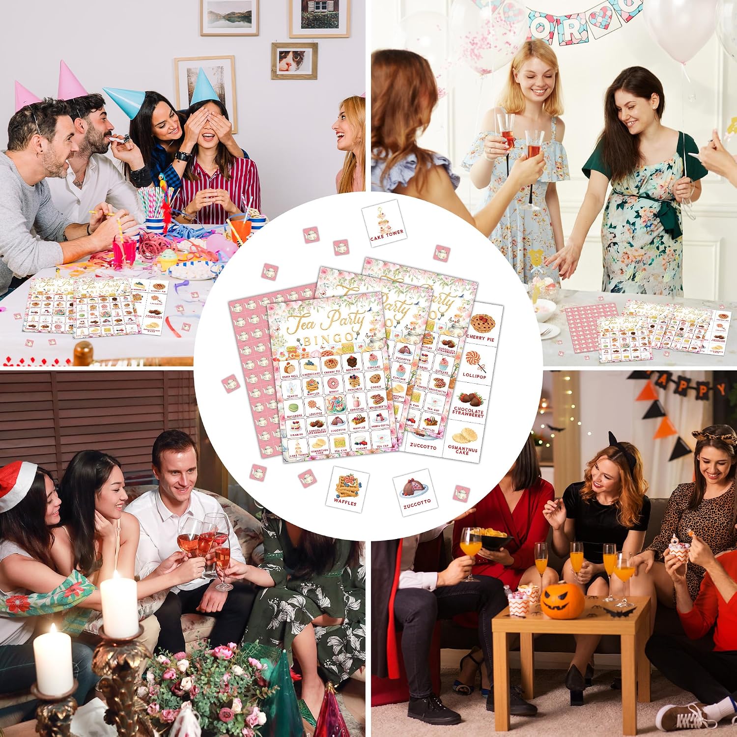 Tea Bingo Game Cards, Pink Floral Theme Bingo Game for Adults Friends Large Group, Ideal Gifts for Floral Garden Tea Party Holiday Activities, Wildflowers Birthday Party Decorations Favors -A10