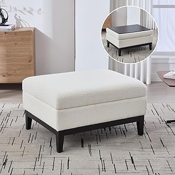 Square Ottoman with Storage, Boucle Storage Ottoman Coffee Table with Reversible Lid, Upholstered Oversized Footrest Stool with Rubberwood Legs for Living Room Bedroom Entryway, Ivory