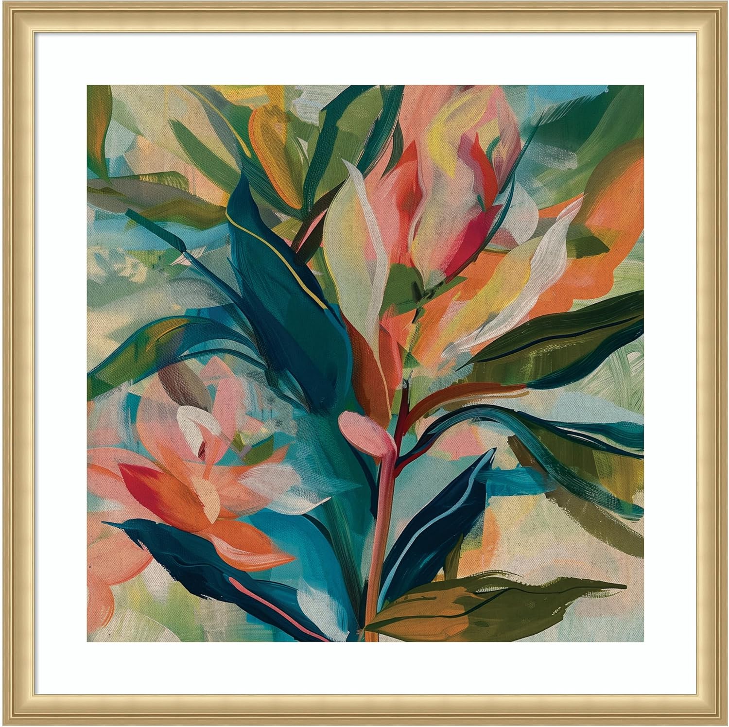 Kate and Laurel Framed Wall Art Print 'Colorful Tropic Botanical Abstract Neutral Linen' by The Creative Bunch Studio, 26 x 26, Florence Gold Frame, Bohemian Boho, Abstract, Flowers Art for Wall Decor