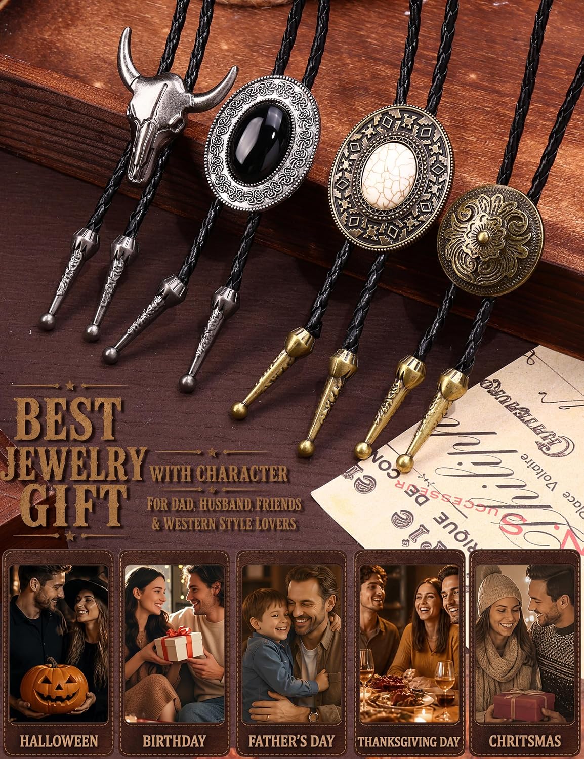 CASSIECA 4Pcs Bolo Tie for Men Women Handmade Western Cowboy Accessories