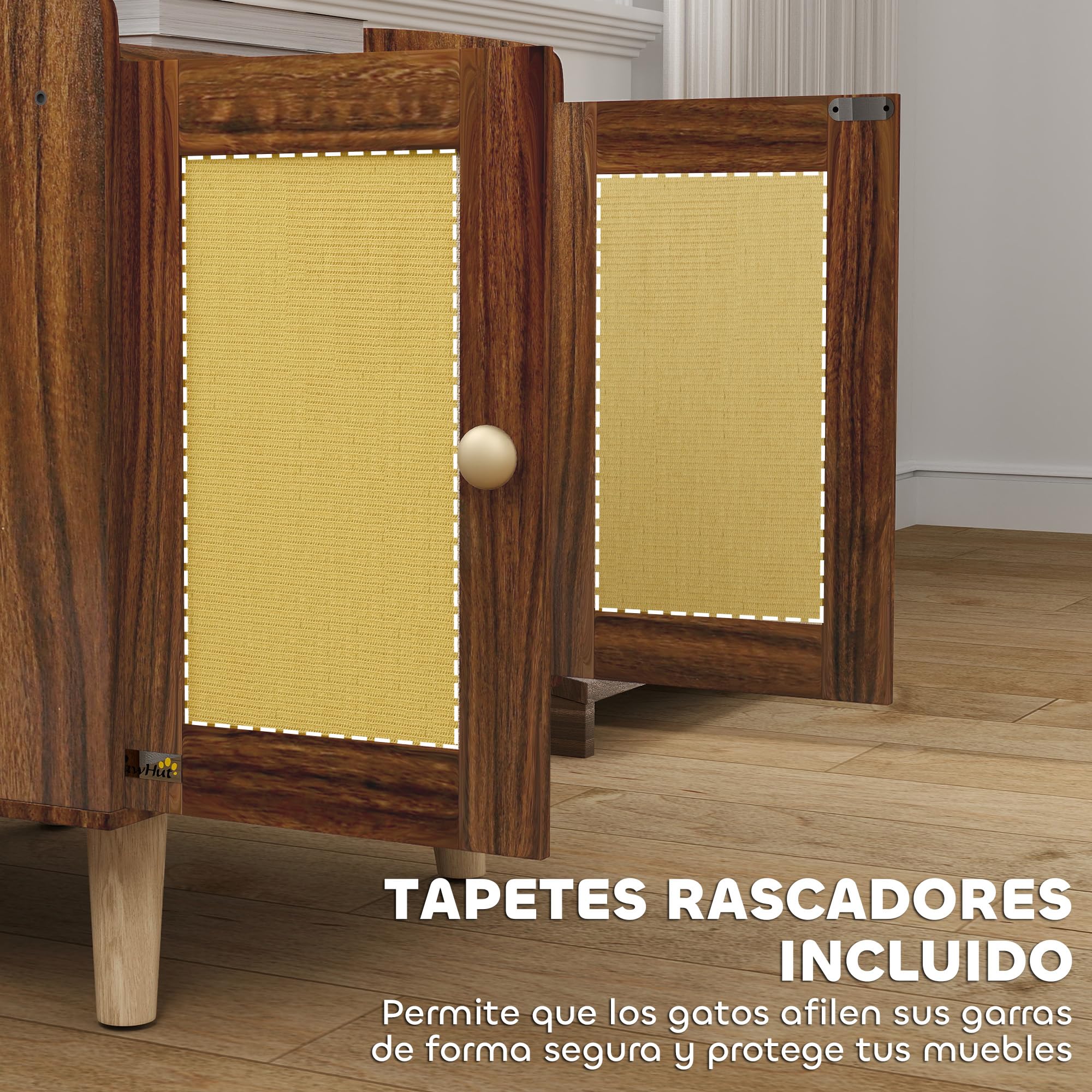PawHut Mueble Arenero para Gatos Mesa Auxiliar 55x43x59,6 cm Marrón | Caja de Arena para Gatos, con Puertas, Esteras de Sisal, Patas de Madera, para Salón Dormitorio
