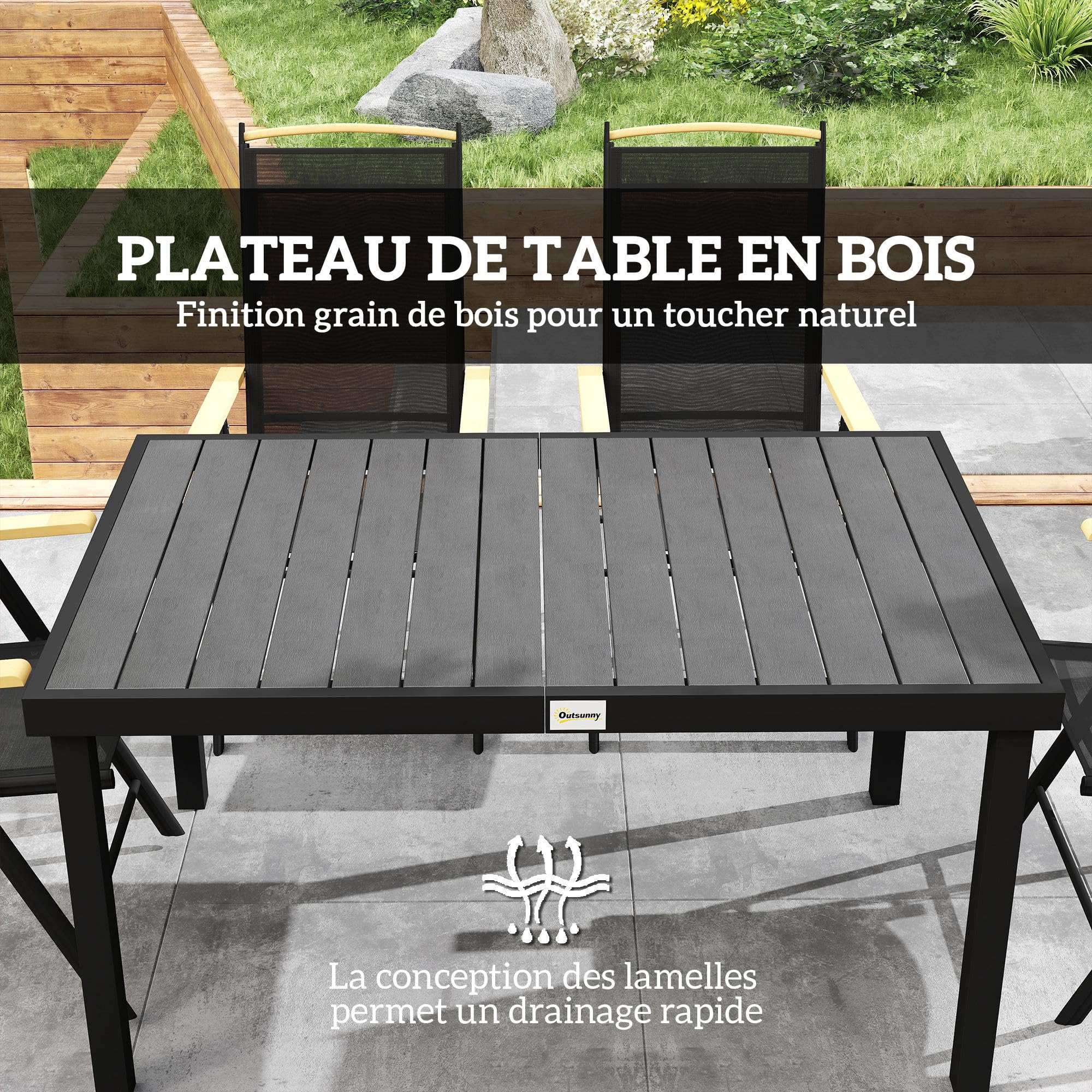 Outsunny Salon de Jardin extérieur 6 Personnes, Table de Jardin extérieure avec 6 chaises, Cadre en Aluminium, chaises Pliables et inclinables, mobilier de terrasse, Patio, Noir