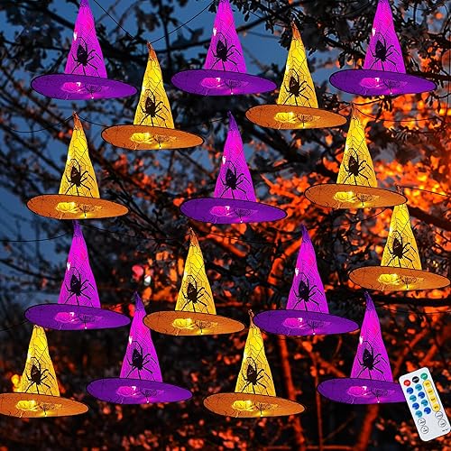 Sombrero de bruja para decoración de Halloween, 8 piezas de sombrero de bruja colgante iluminado, cadena de luces de Halloween con 8 modos de