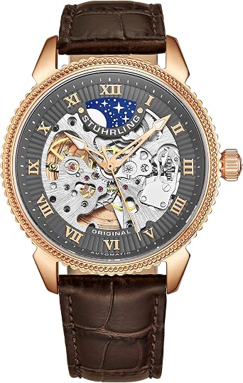 Stuhrling Original Men's Automatic Watch with Grey Dial Analogue Display and Brown Leather Strap 835.04