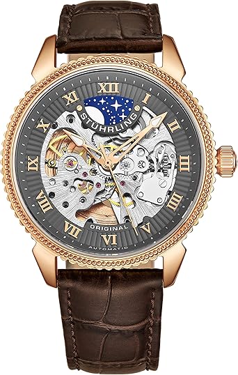 Stuhrling Original Men's Automatic Watch with Grey Dial Analogue Display  and Brown Leather Strap 835.04 : Amazon.co.uk: Watches