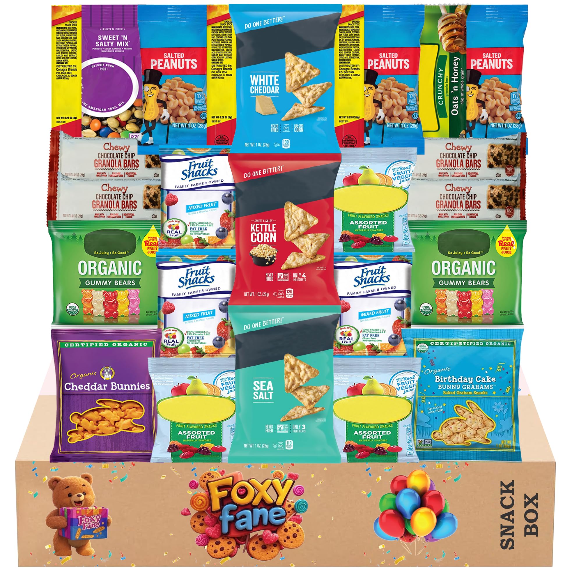 Foxy Fane 25 count Healthy Snack Box - Premium Holiday, Christmas & New Year Gift Care Package with Variety of Nuts, Crackers, Bars & more - Bulk Bundle of Delicious Treats (Variety Pack of 25 Snacks)
