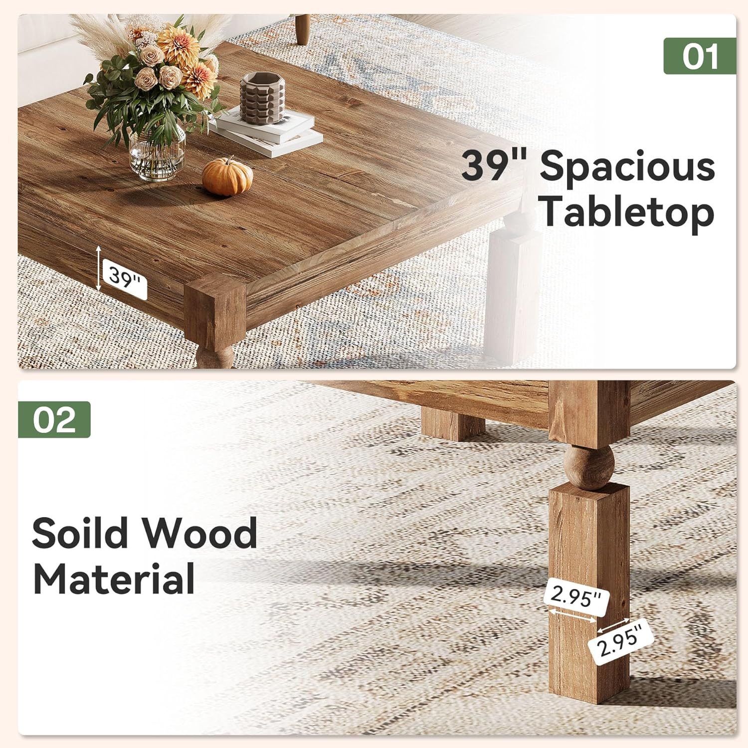 Square Wood Coffee Table, 39-Inch Farmhouse Coffee Table with Sturdy Legs, Rustic Accent Center Table for Living Room, Easy Assembly, Brown