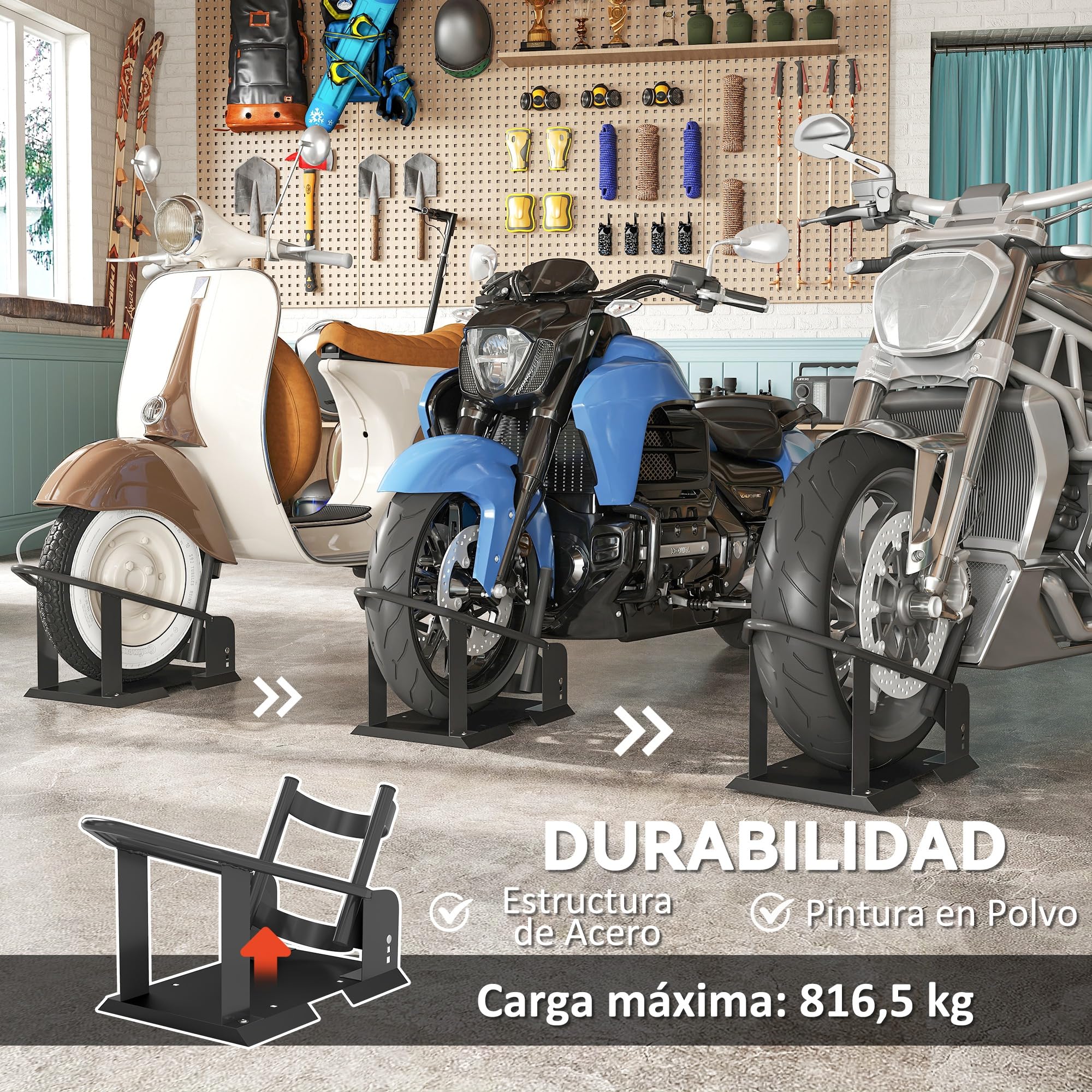HOMCOM Caballete de Moto Delantera Carga 816,5 kg Robusta 3 Niveles Negro | Soporte para Rueda Delantera de Motocicleta, Altura Ajustable, para Ruedas Ø38,1-53,34 cm