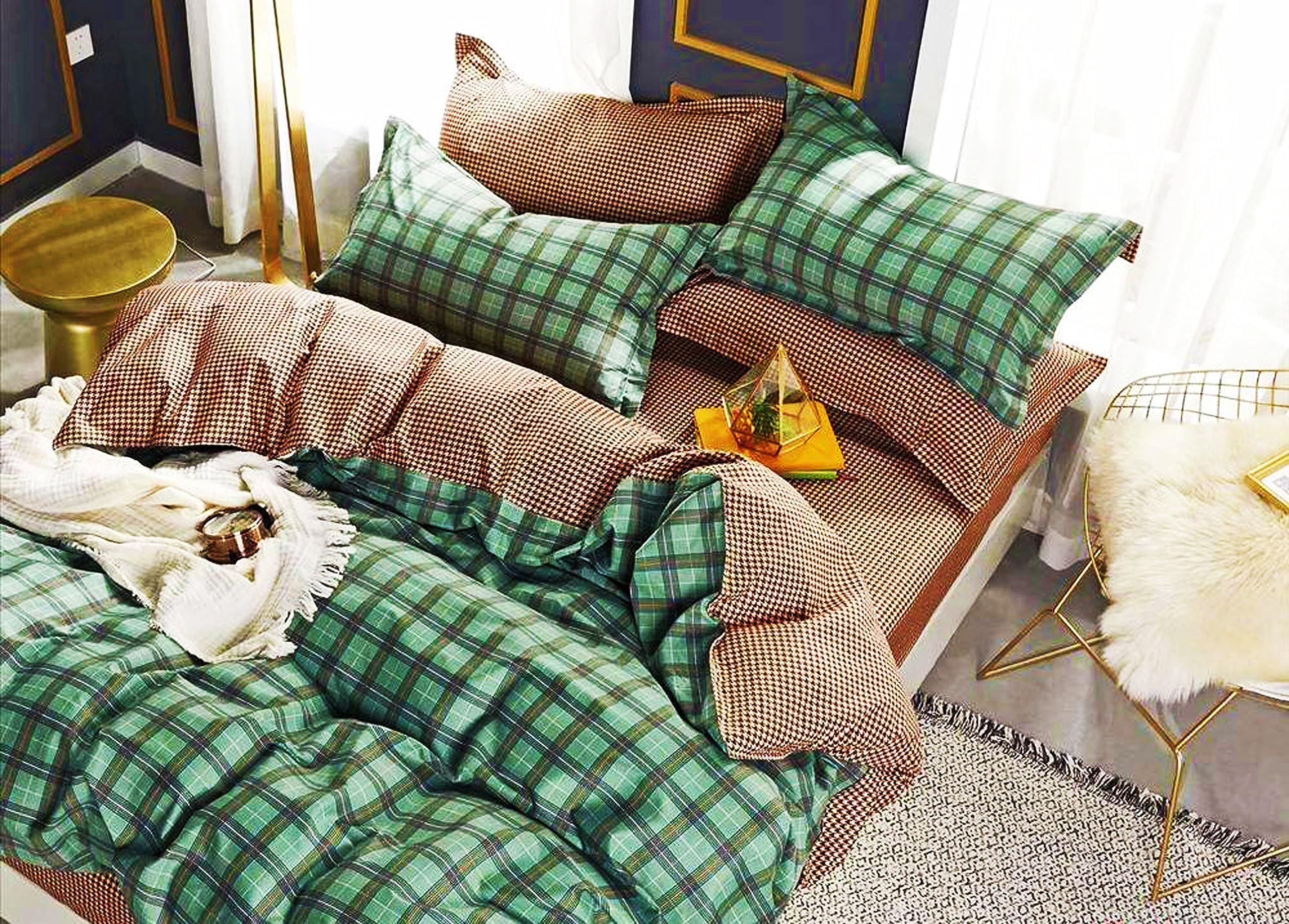 Amali 6 Pcs Cotton Bed sheet king size Set Including Duvet Cover, Fitted Sheet and 4 Pillow Covers bedding & Linen for Home (Queen Size bed sheet 934, Dark Green)