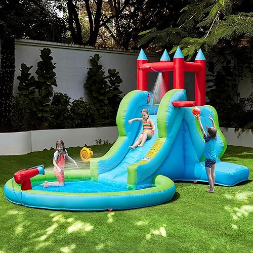 Miniatura 9 de Yaheetech Tobogán acuático inflable para niños, tobogán inflable 5 en 1 para exteriores para niños de 3 a 8 años con cañón de agua, aro de