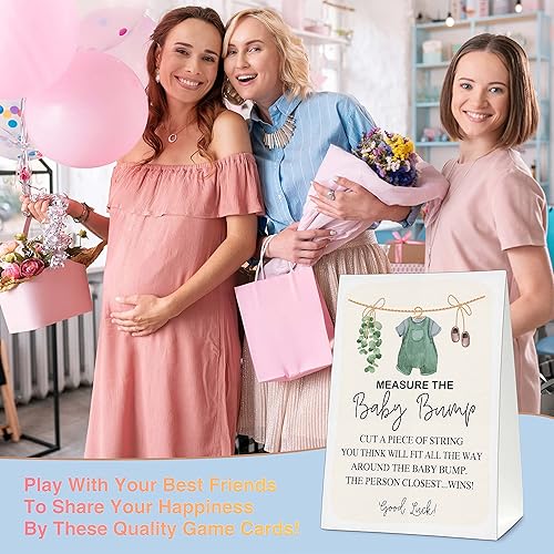 Miniatura 4 de Measure the Baby Bump - Juego de juego para baby shower, 1 letrero de pie con 50 tarjetas de adivinanzas, ropa de bebé, suministros de decoración de