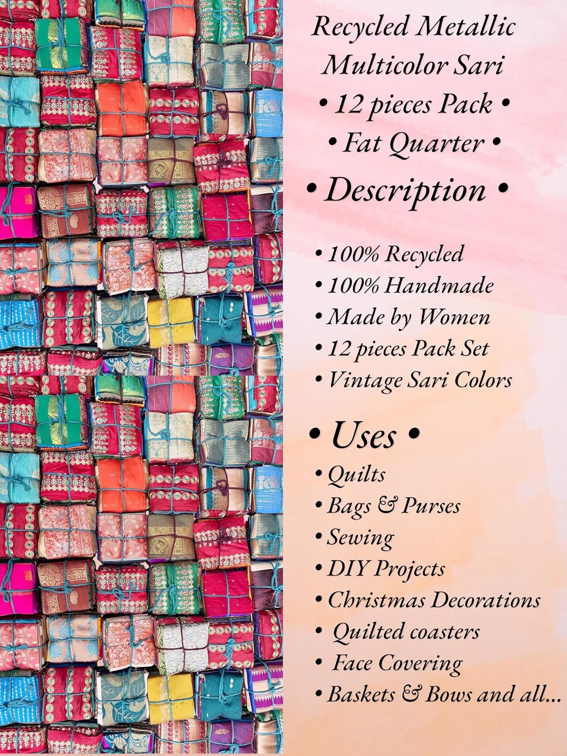 Makers Craft 12 Pieces, 18X22 Vintage Metallic Multicolor Indian Sari Fat Quarters DIY for Quilting, Sewing, Patch Work (Metallic) image 2