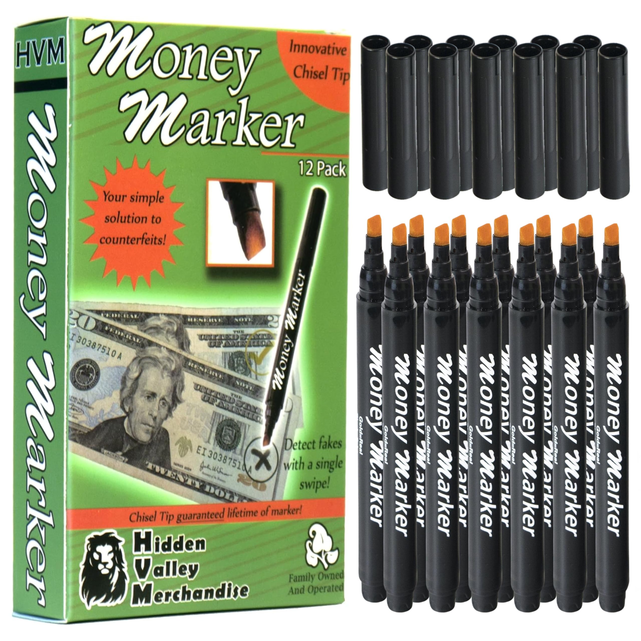 HVM Counterfeit Money Detector Pen (12 Counterfeit Pens) - Money Marker Bill Detector Pen with Upgraded Chisel Tip - Detect Fake Bills, Universal False Currency Checker Pack