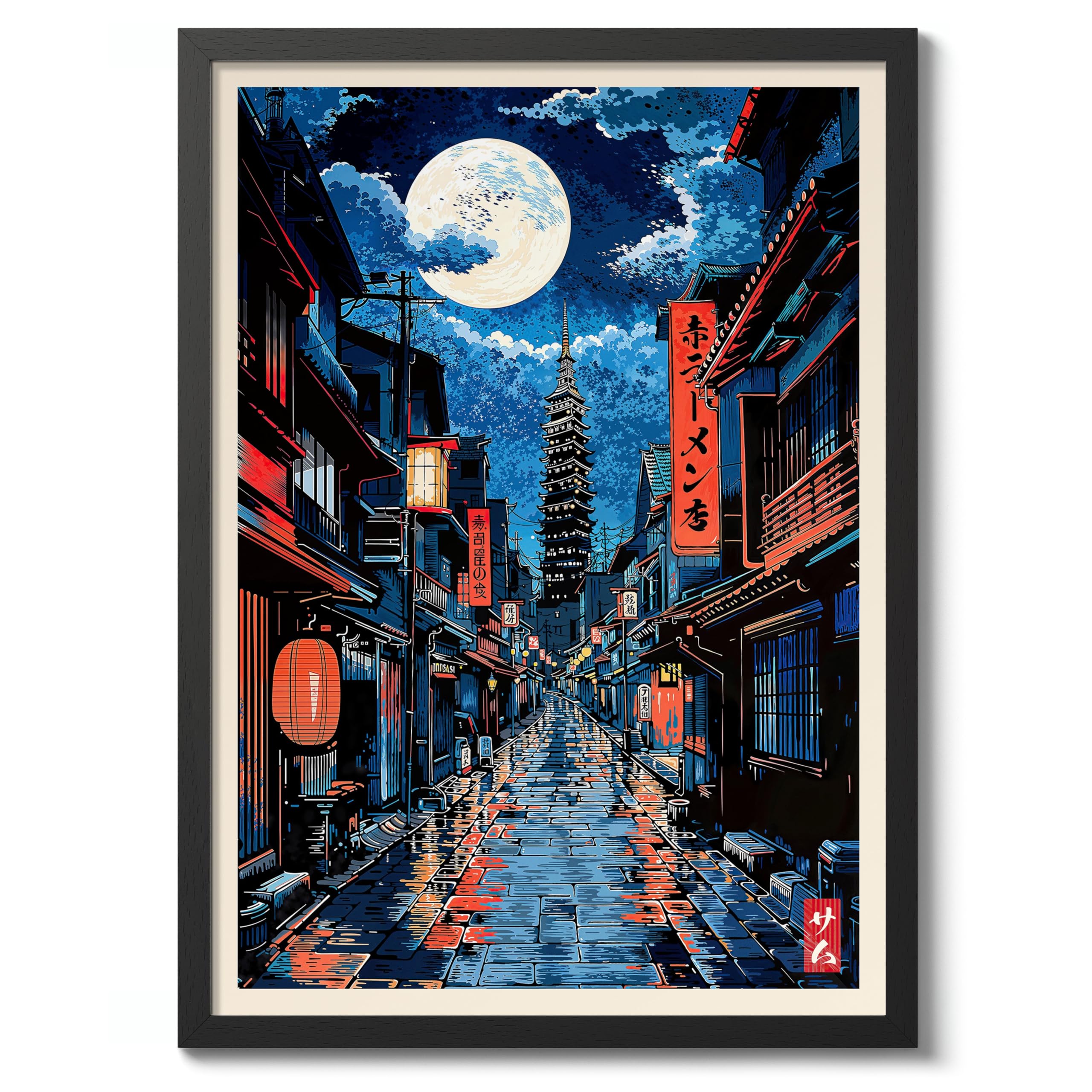 Tokyo Red Light Anime Woodblock Poster Modern Ukiyo-E, Japanese Cartoon Illustration Print, Archival Matte, A5 (Black Frame) - 21x14.8cm