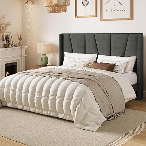 Miniatura 3 de SHA CERLIN Base de cama tamaño Queen con cabecera geométrica con respaldo de ala, plataforma tapizada con soporte de listones de madera, espacio