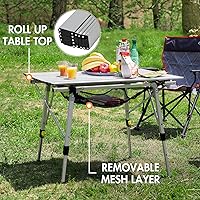Vista 6 de Portal Mesa de Camping Plegable de Aluminio para Exteriores, Mesa de Picnic Portátil con Altura Ajustable, Top de Malla Enrollable, Plata