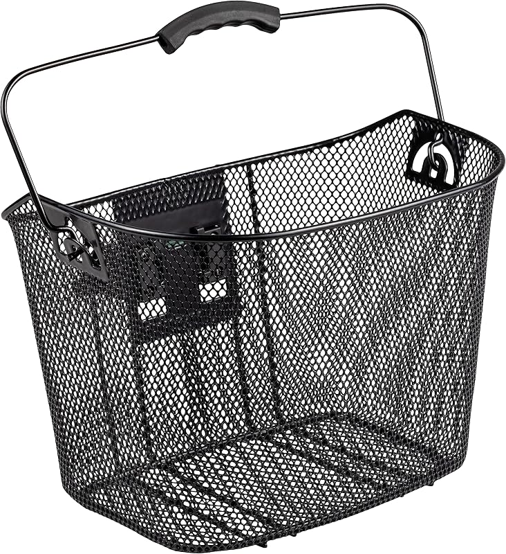 Cesta de bicicleta de alambre de liberación rápida, negra, resistente a la intemperie, asa plegable para llevar a mano, se adapta a la mayoría de las bicicletas para adultos, incluye herrajes de montaje, cesta de bicicleta para bicicletas para adultos