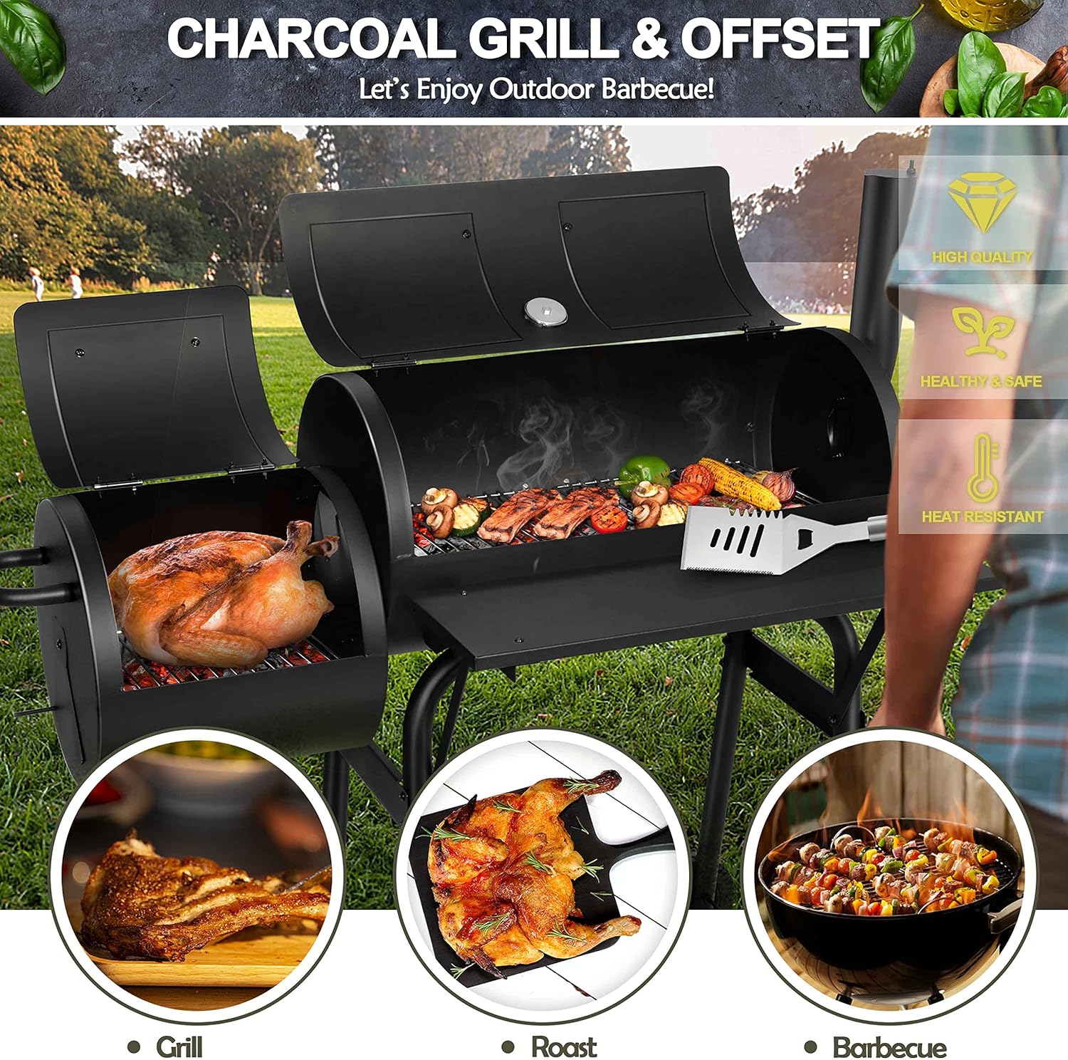 Joyfair Charcoal Grill with Offset Smoker, Camping Barbecue Grill with Side Fire Box for Outdoor BBQ Smoking/Backyard Party Grilling, Thick Iron Steel & Dual Chamber Design, Thermometer & Chimney