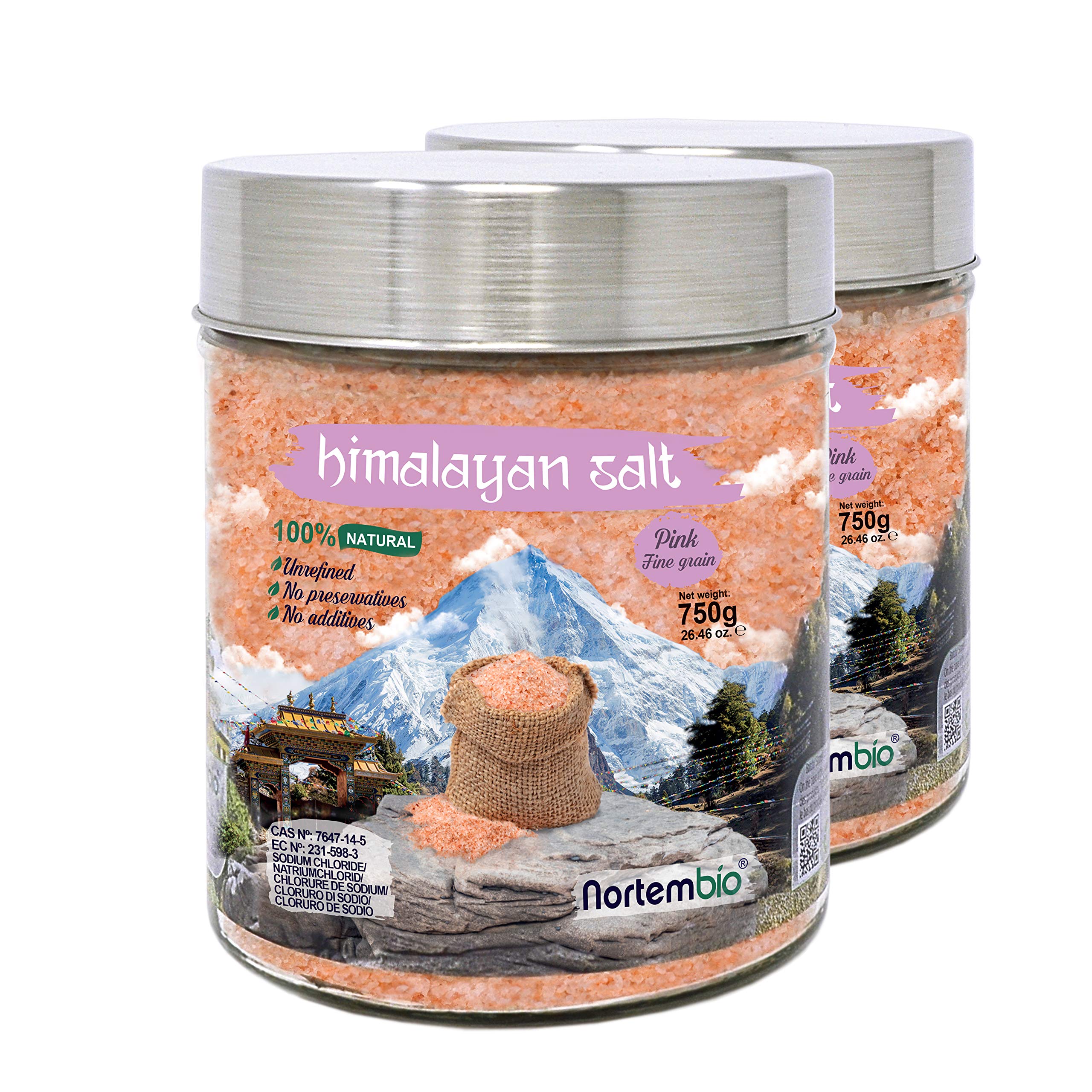 Nortembio Pink Himalayan Salt 2x750 g. Fine Grain (1-2 mm). 100% Natural. Unrefined. No-preservatives. Harvested by Hand. Premium Quality.