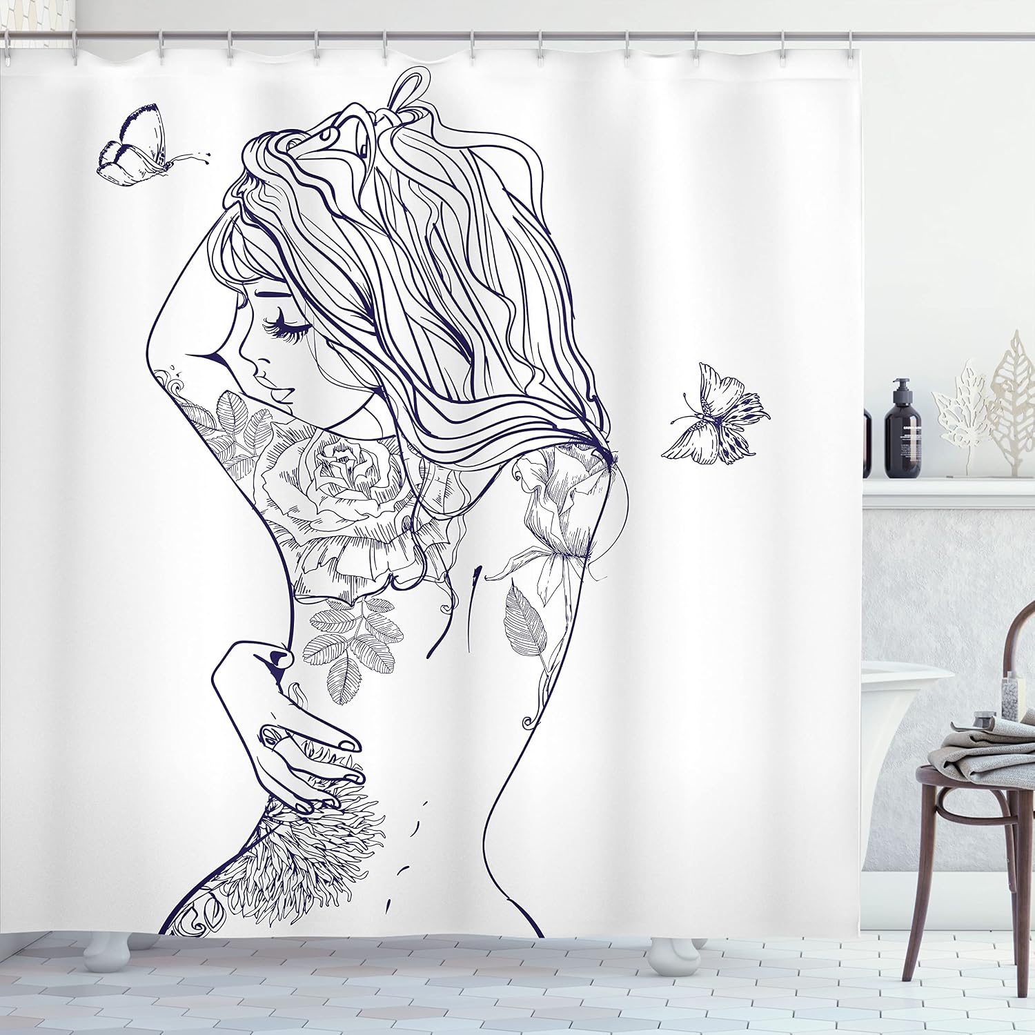 Ambesonne Fashion Shower Curtain, Young Girl Tattoos Butterflies Free Your Soul Inspired Hair Feminine, Cloth Fabric Bathroom Decor Set with Hooks, 69" W x 84" L, White Purple