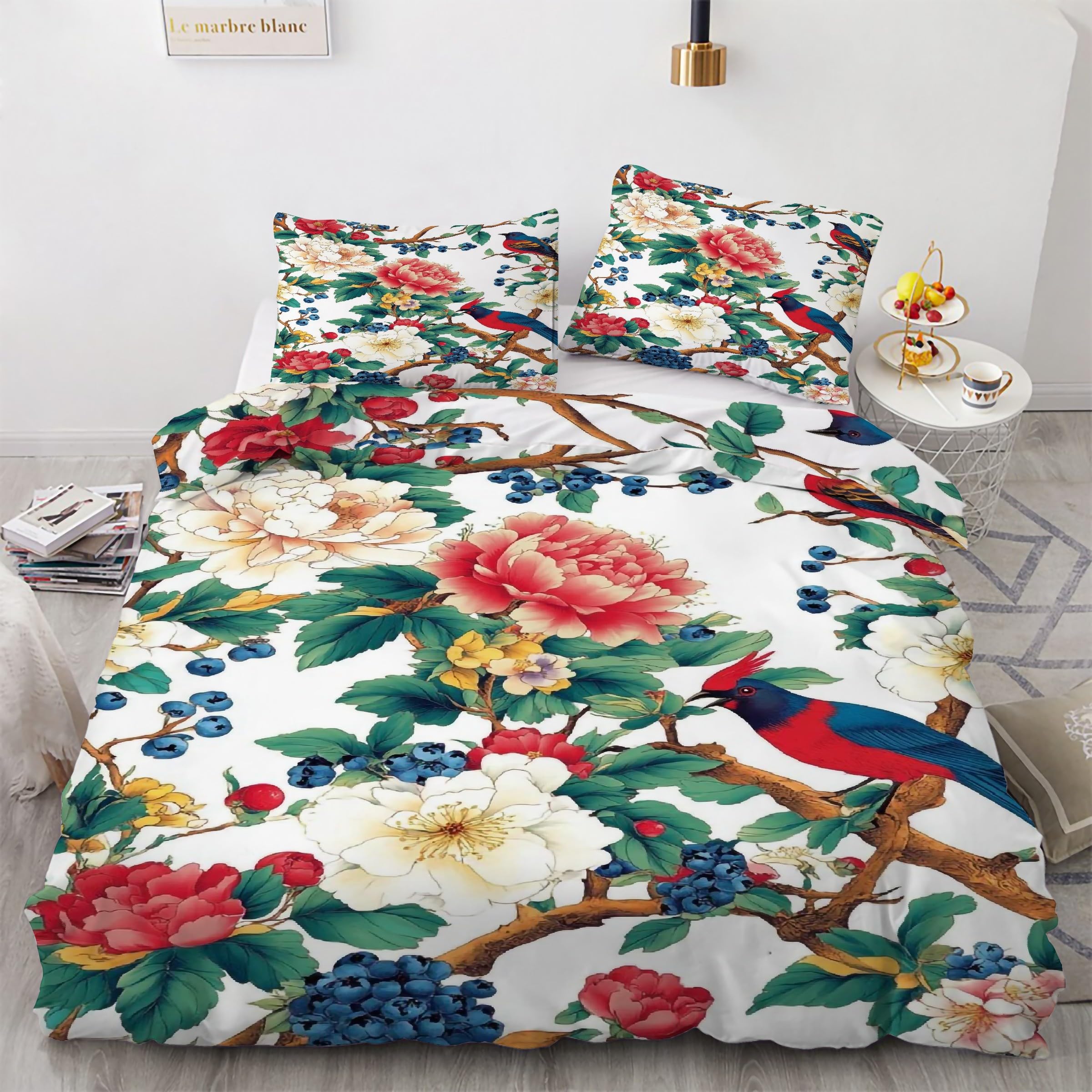Parure de lit oiseau pour chambre parentale cocooning avec motif pivoine