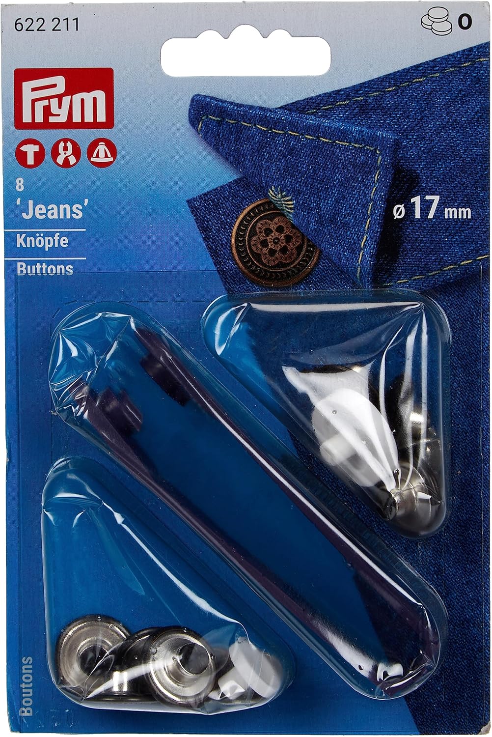 Prym Jeans Buttons, Metal, Gold, 17 mm, Antique Brass, 8 Pieces, 8 Pieces