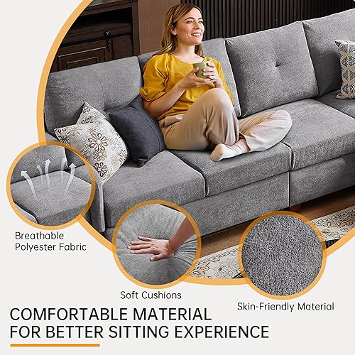 Miniatura 3 de Sofá modular convertible con almacenamiento, sofá en forma de L de 4 asientos con diván y portavasos, sofás modernos de tela de microfibra para sala