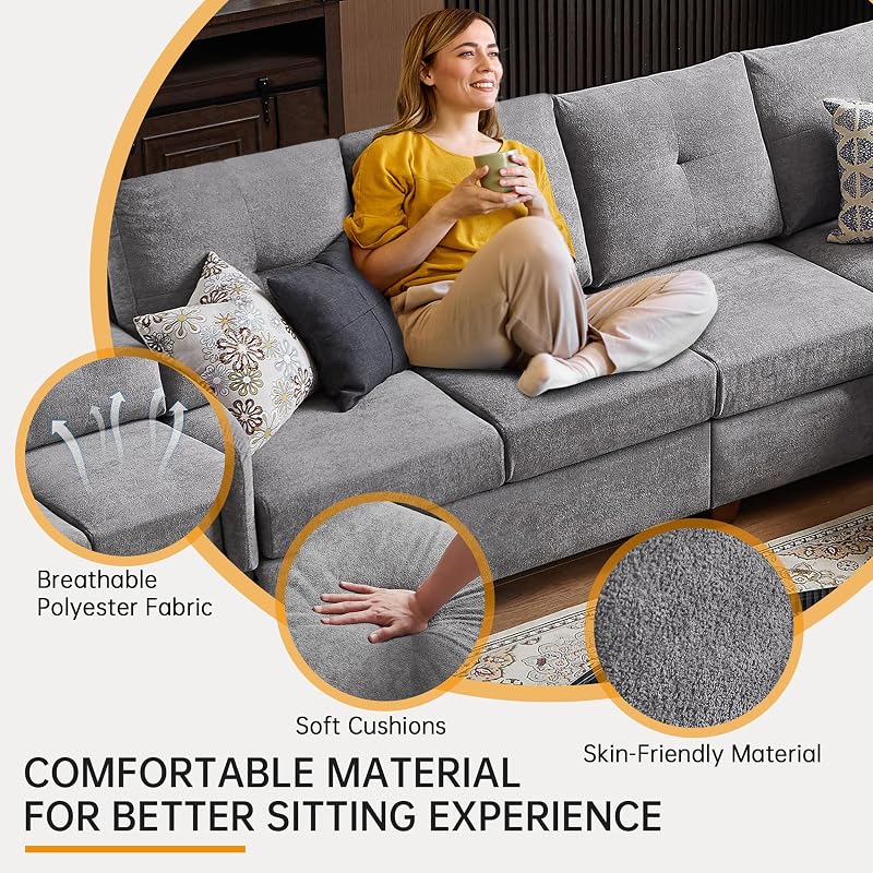 Soscana 108'' L Shape Sectional Sofa, 4 Seat Fabric Couch for Living Room image 4