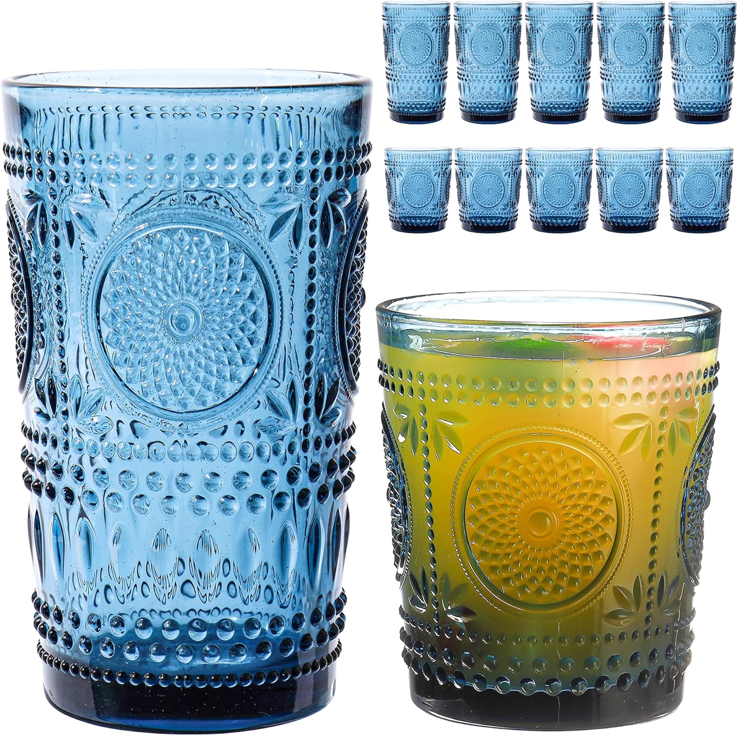 Blue Drinking Glasses Set of 12, 16 Oz Highball & 13 Oz Cocktail Glasses, Blue Kitchen Vintage Glassware Set, Floral Embossed Glass Tumbler Cups for Juice, Beer, Water, Whiskey, Coffee Chamomile Blue-12Pcs