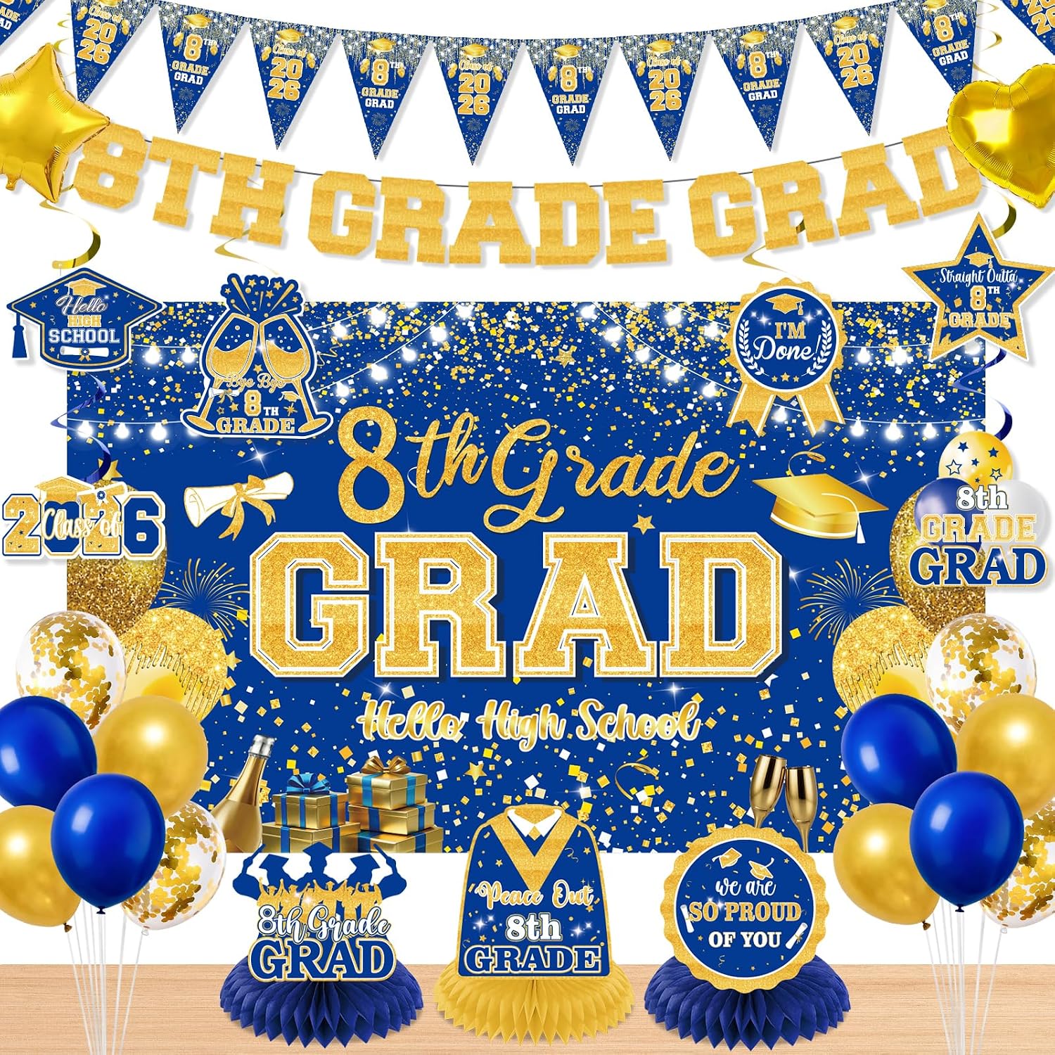 26Pcs 8th Grade Graduation Decorations 2026, Blue and Black Hello High School Party Supplies with Large Backdrop Banner, Balloons, Swirls & Honeycomb Centerpieces, Middle School Grad Decor