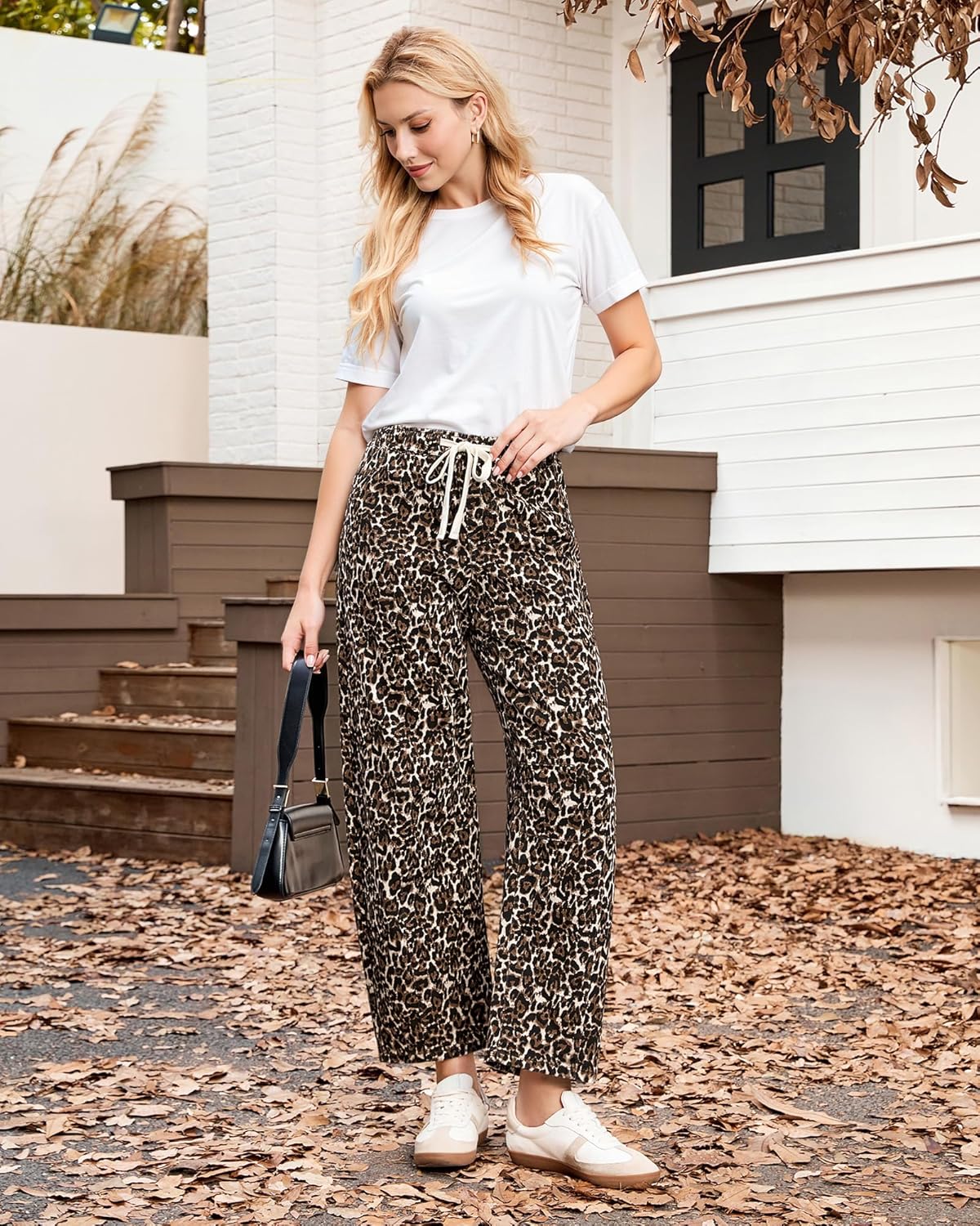 Vetinee Barrel Jeans Women Trendy Wide Leg Leopard Cheetah Pants High Waisted Pull On Drawstring Stretchy Denim Pants - Image 4