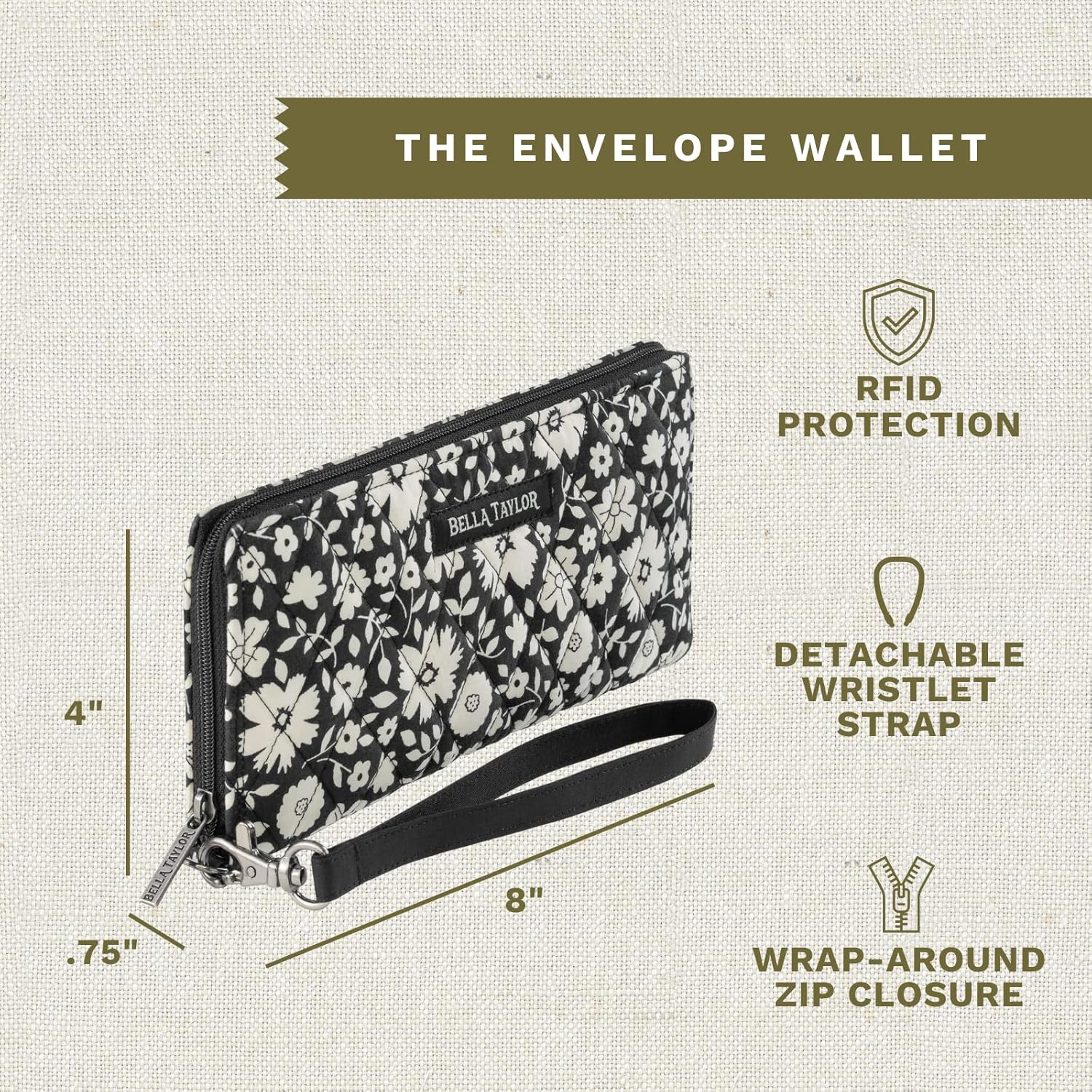 Bella Taylor Cash Envelope Wallet for Budgeting - RFID Protected - Cash Stuffing Wallet with Detachable Wristlet - Bicolor Floral Black - Image 3