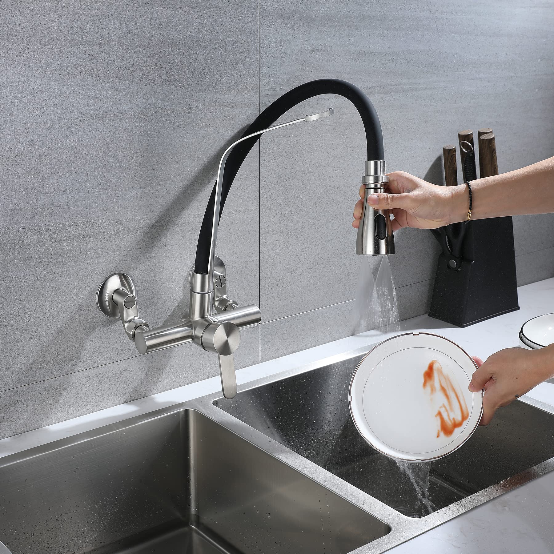 Robinet de cuisine mural noir, rotatif à 180 ° en silicone de qualité alimentaire - Robinet mural flexible extensible - Robinet d'évier pour cuisine en,Matériau en acier inoxydable