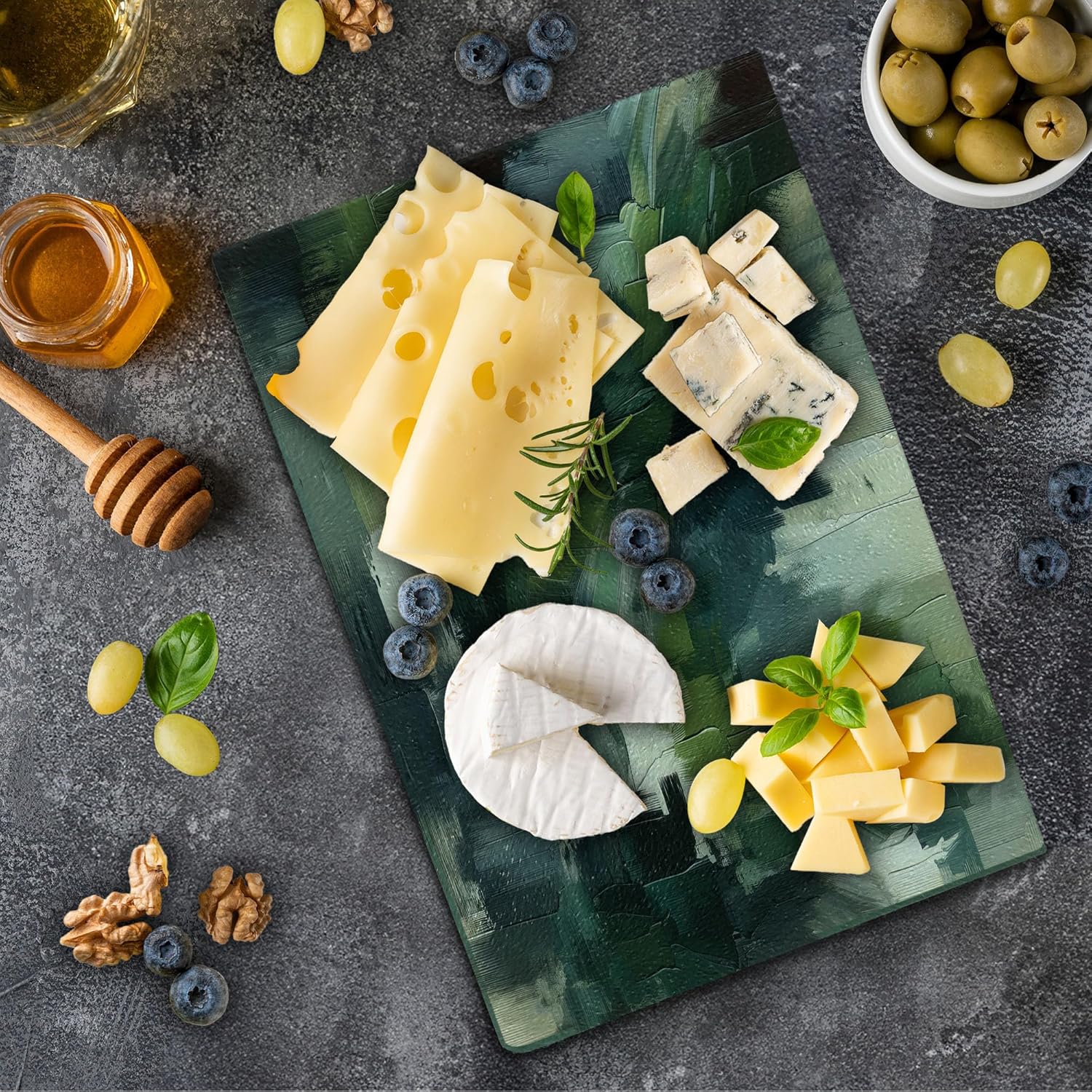Ambesonne Dark Green Cutting Board, Simple Abstract Painting Style Brush Strokes with Deep Nature Colors, Decorative Tempered Glass Cutting and Serving Board, Small Size, Blue Grey and Eggshell
