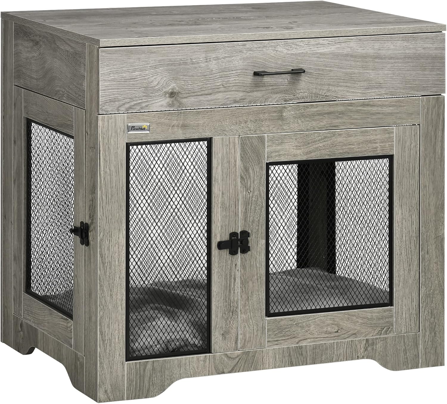 PawHut Indoor Dog Crate Furniture with Cushion, Double Doors, Pet Kennel End Table with Drawer, for Medium Dogs - Grey