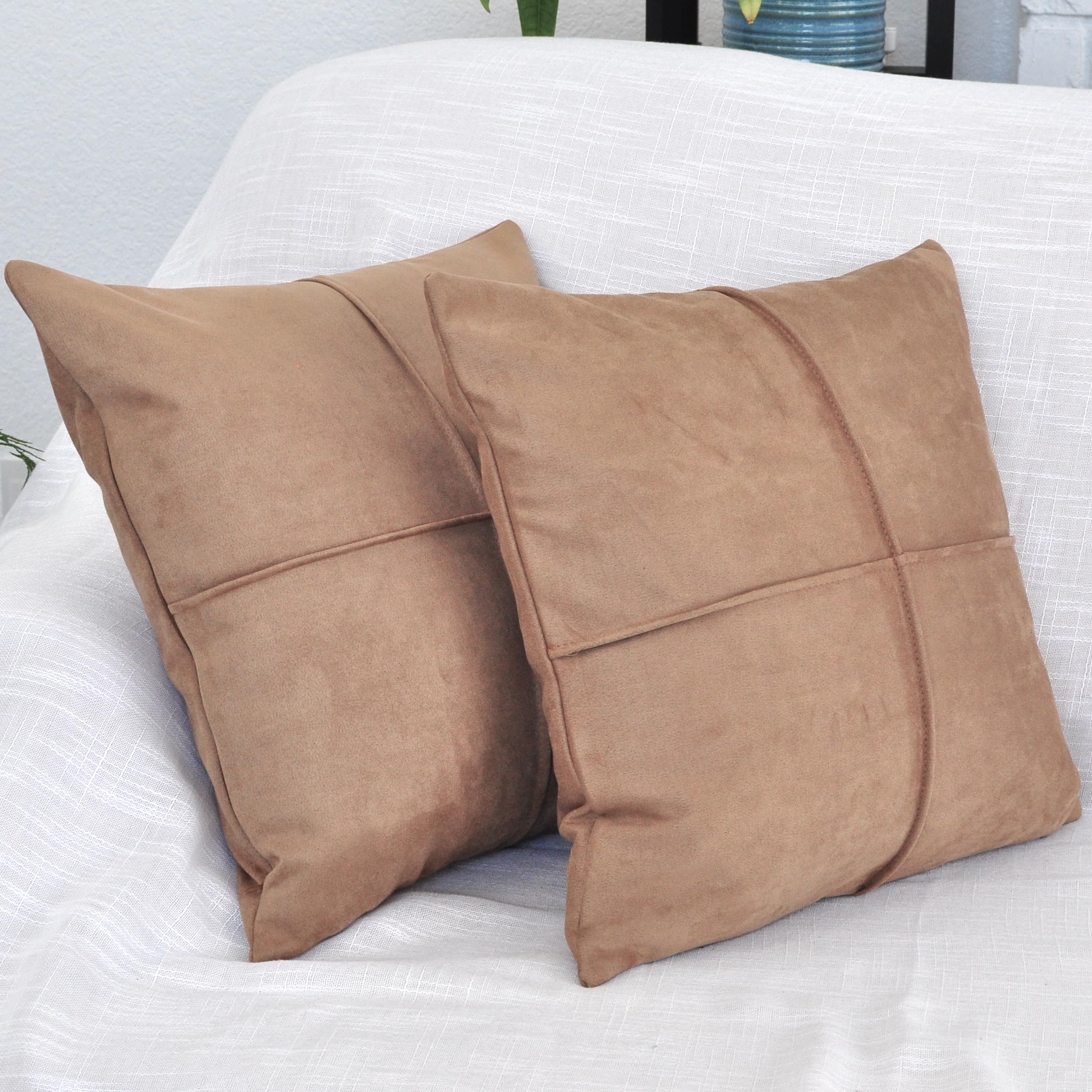Lot de 2 housses de coussin décoratives carrées en daim synthétique doux imitation cuir pour canapé, sofa, chaise, en daim végétalien, marron clair, 45,7 x 45,7 cm, marron clair rustique et moderne