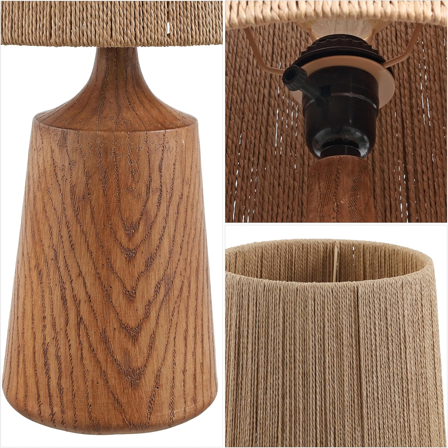 JONATHAN Y 22.25" Brown Wood Finish Classic Cottage Table Lamp for Bedroom, Tapered Resin Body with Brown Paper Rope Shade, LED Bulb Included JYL9201A