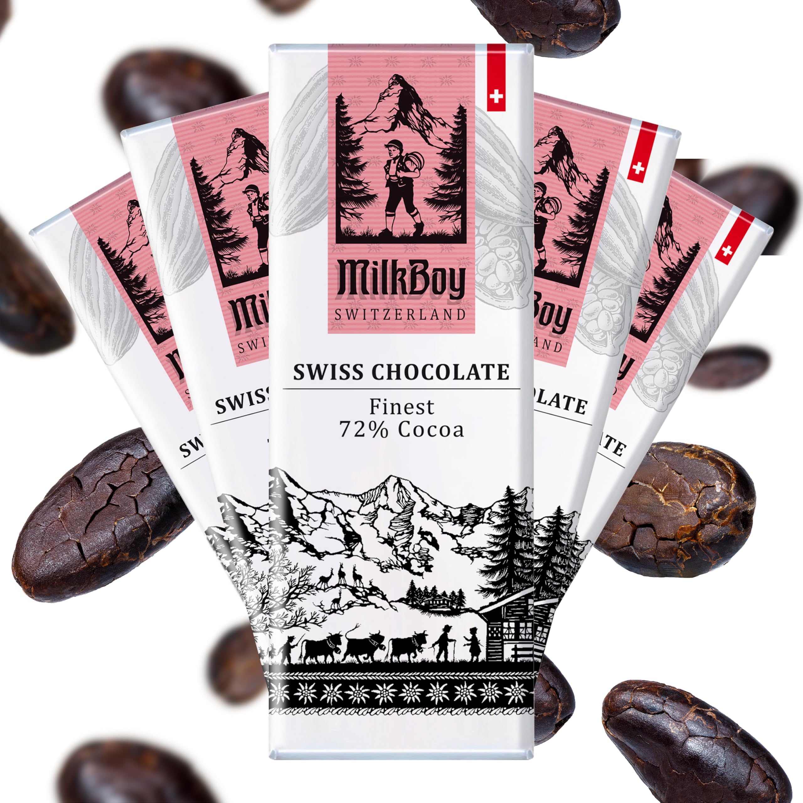 Milkboy Swiss Chocolates Gourmet Dark Chocolate Bar - 72% Chocolate Made in Switzerland, Kosher. Vegan Gluten Free, Dairy Free Swiss Chocolate Bars, Sustainably Farmed Cocoa Bars - 1.4 oz, 10 Pack
