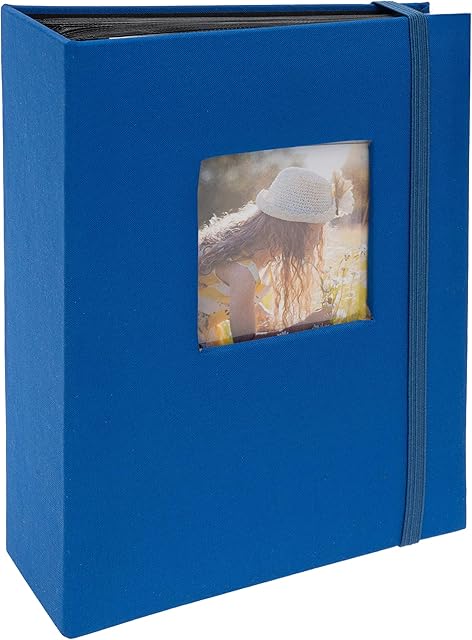 Kenro Blue Linen Minimax Photo Album for 100 Photos 6x4 Inch / 10x15cm with Space for Photograph on Front Cover, Slip-In Pages, Modern Design Great for Family Photographs, Aztec Series - AZ104UE