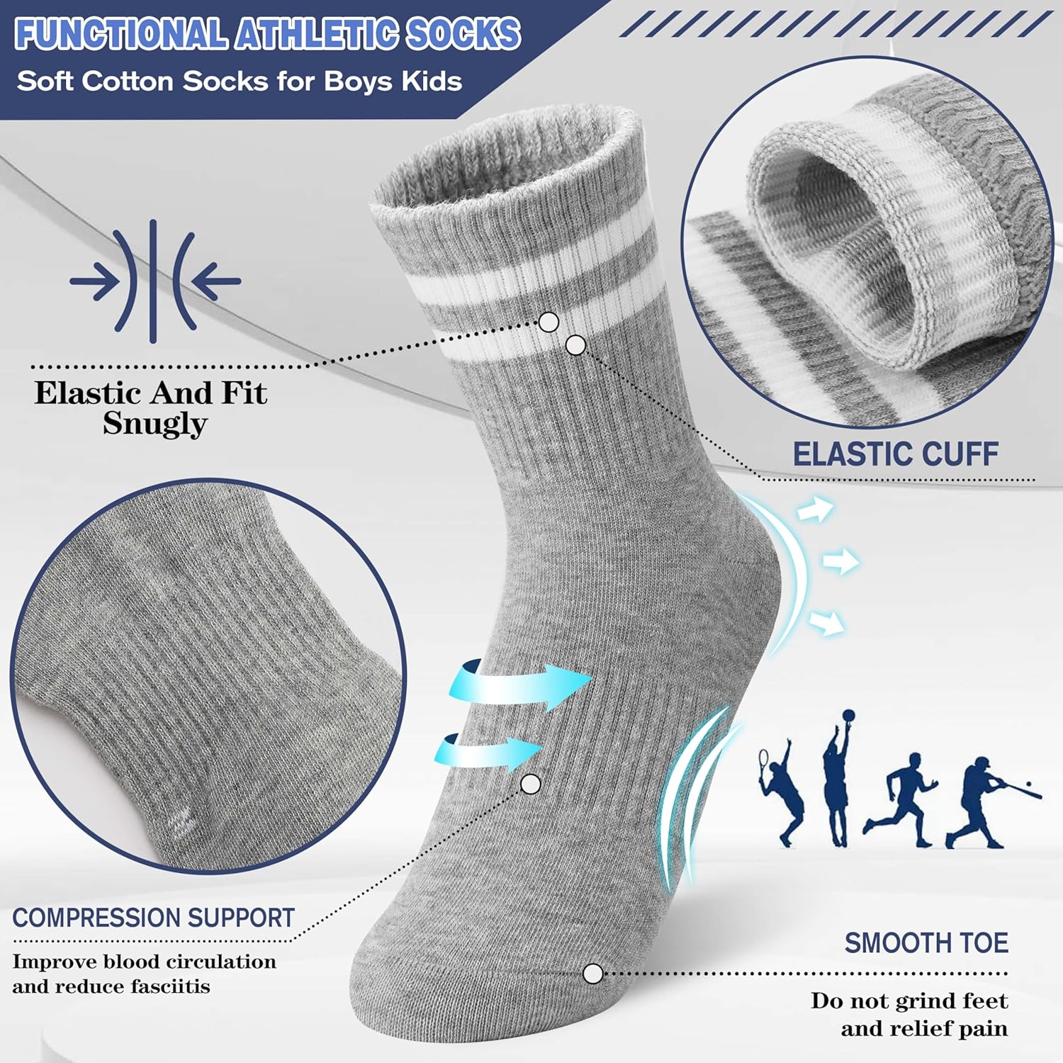 MOGGEI Boys Kids Girls Athletic Socks Basketball Sport Youth Crew Cotton Breathable Outdoor Socks 6 Pairs - Image 3