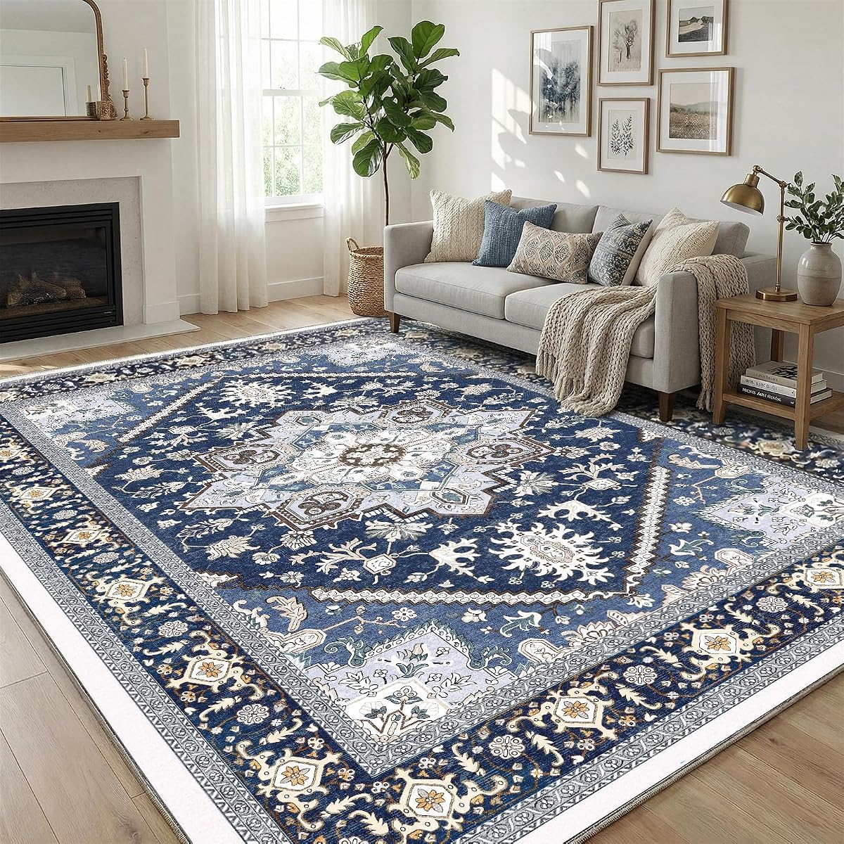 OPPODREAM Soft Area Rugs 8x10, Persian-Inspired Washable Rug, Blue & Gold | Low-Pile Faux Cashmere Surface, TPR Non-Slip Backing, 8 x 10 Carpet for Bedroom, Office, Dorm, Dining Room