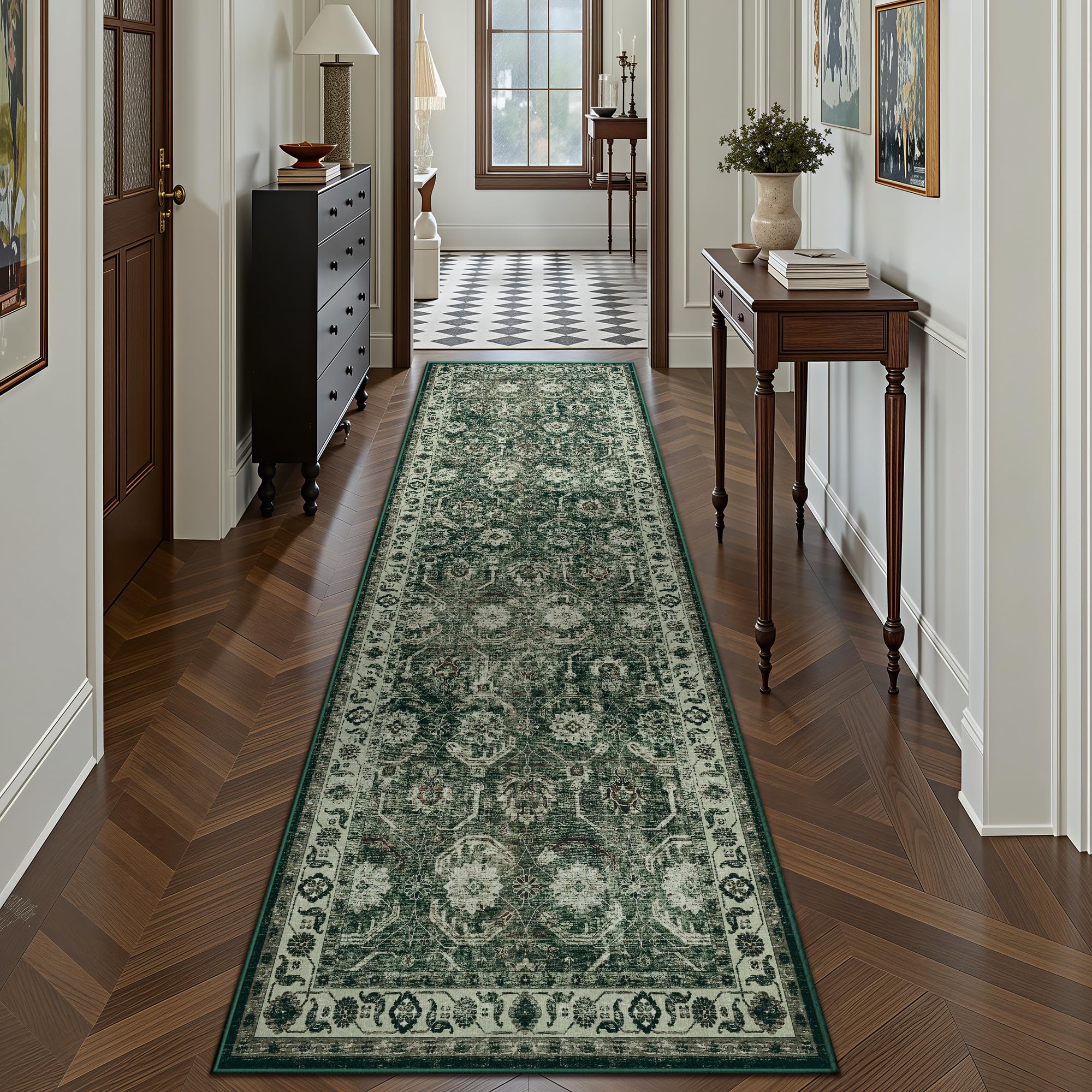 Woodbruy Runner Rug, Washable Non Slip Low Pile Kitchen Runner, Soft Boho Modern Rug for Hallways, Bedroom, 2'6"x 8, Sage Green