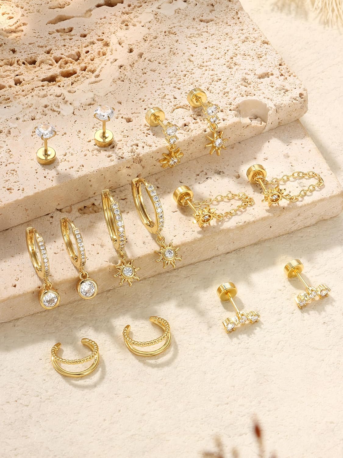 Dochais Flat Back Cartilage Earrings for Women Trendy Dainty CZ Flatback Studs Earing Sets 14k Gold Plated Hypoallergenic Huggie Hoops Earring Stacks for Multiple Piercing - Image 6