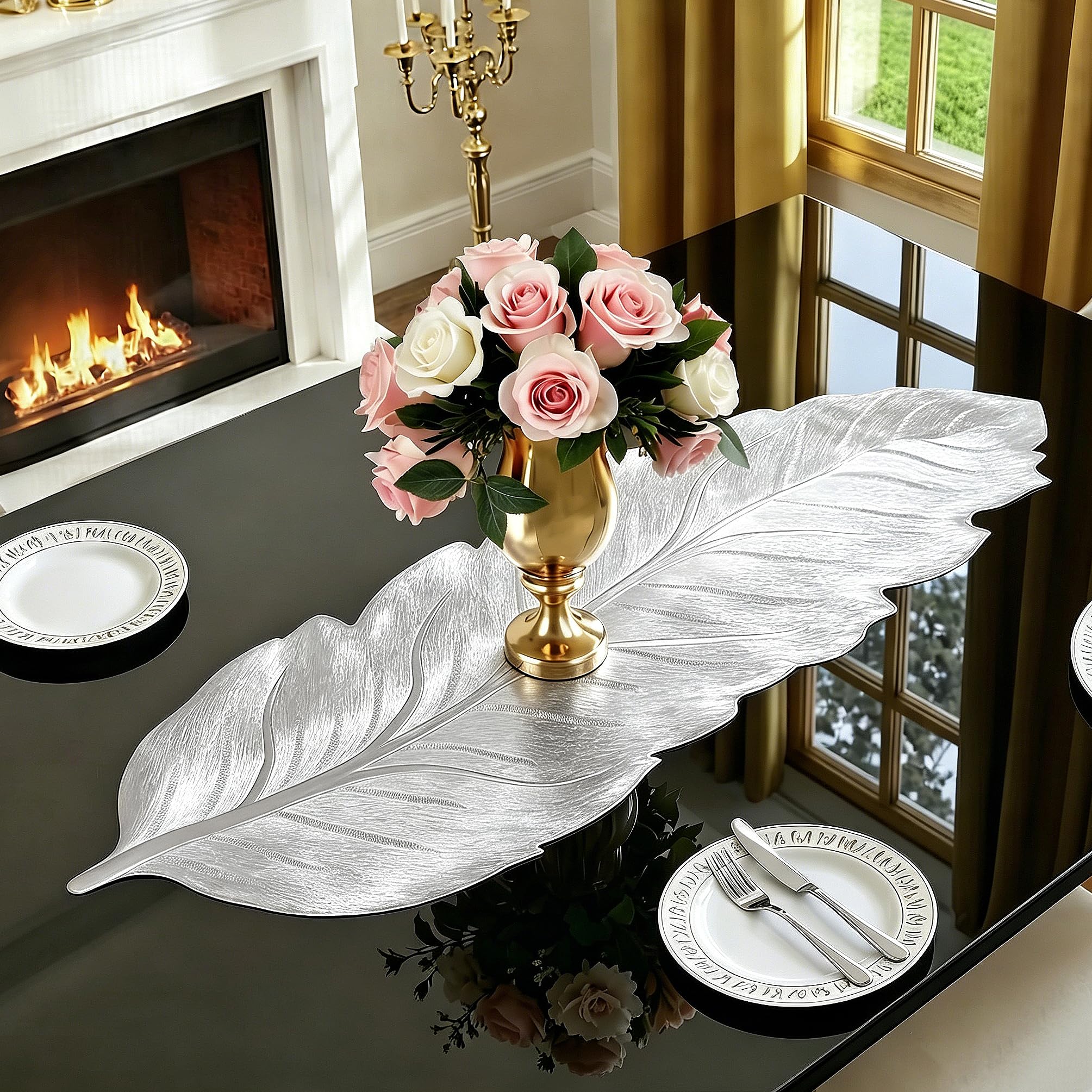 FAVE Waterproof Table Runner, 36 Inch Vinyl Runner(Silver Leaf)