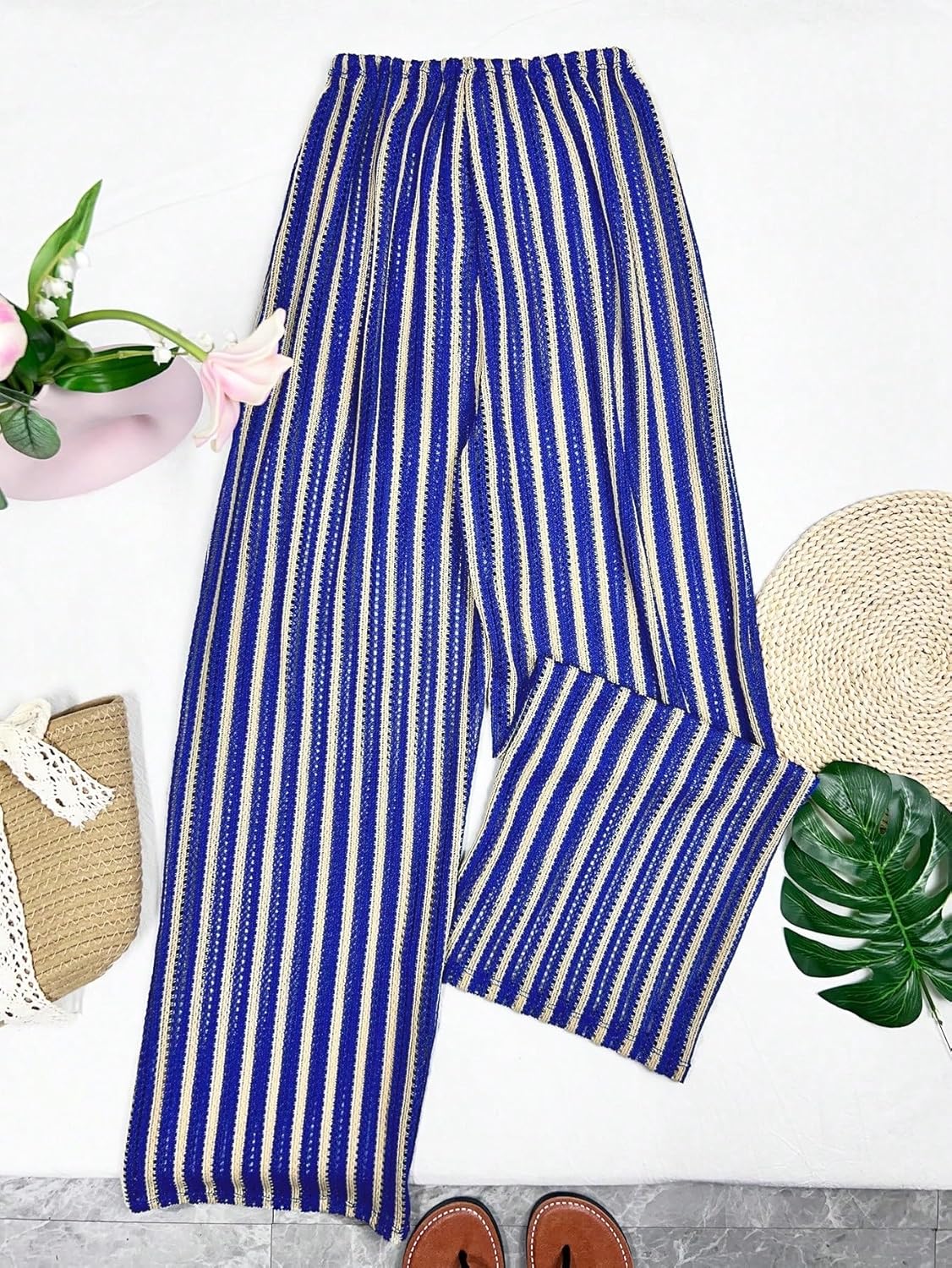 Women's Summer Wide Leg Pants, & Striped, Elastic High Waist Drawstring, Swimsuit Cover Up cover ups for swimwear