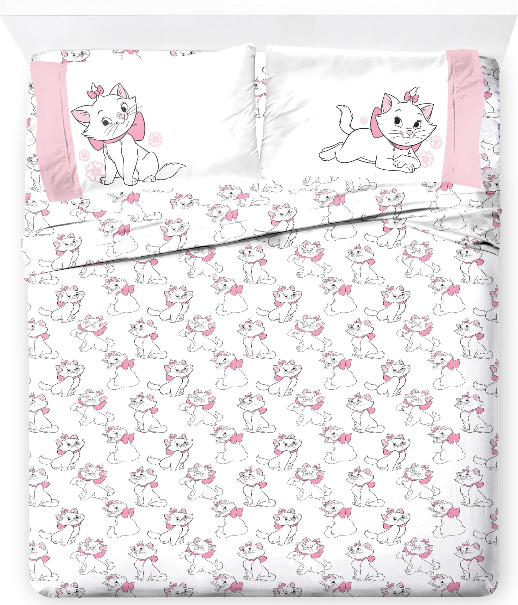 Kids Sheet Set with Fitted, Flat Sheets & Pillow Cover - Ultra-Soft Bedding with Pillowcase for Room Decor, White - Aristocats, 4 Piece Queen
