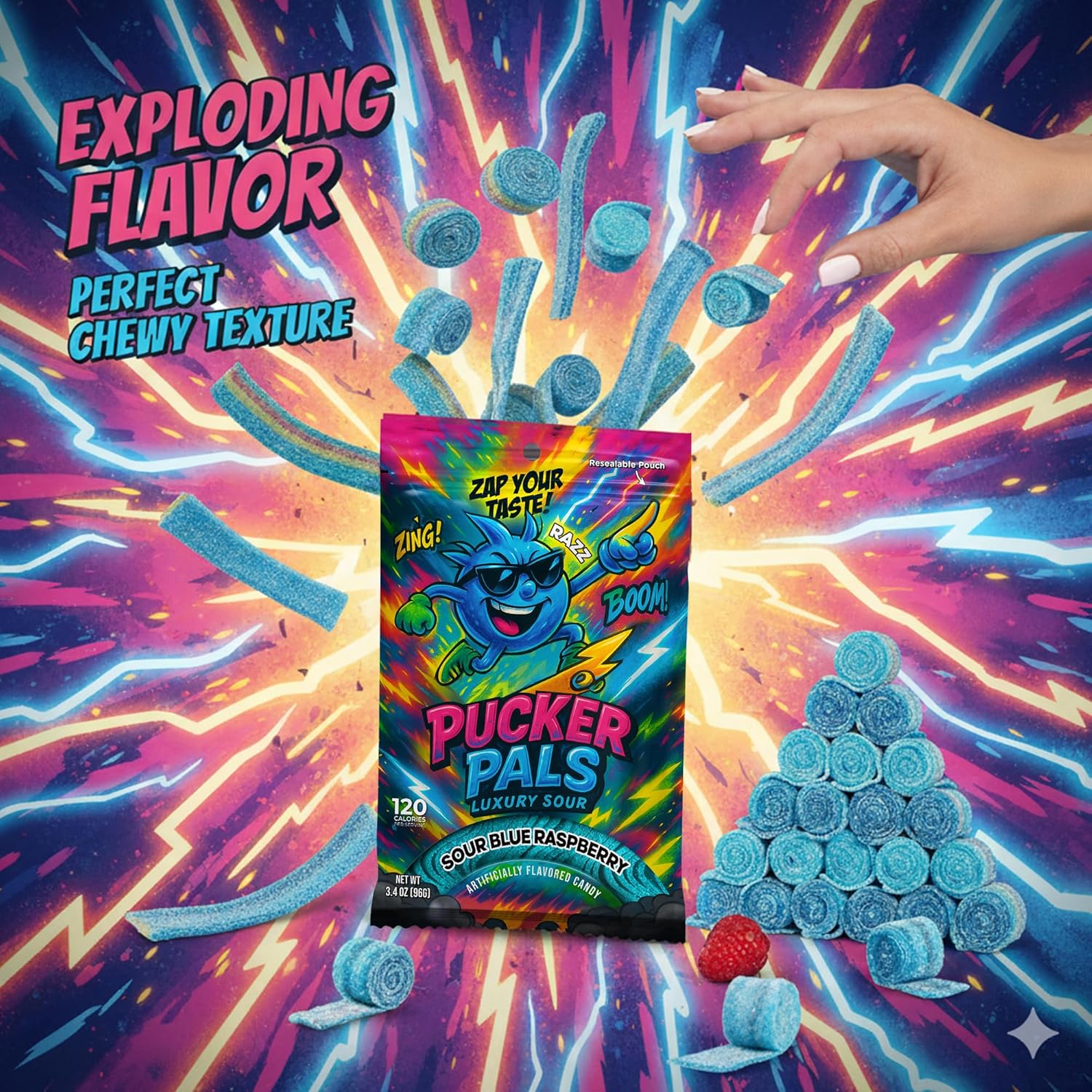 Pucker Pals Blue Raspberry Sour Candy – 5 Pack Extreme Sour Strips, Chewy Gummy Worms Style Gummies, Fun Bold Treats for Halloween & Stocking Stuffers
