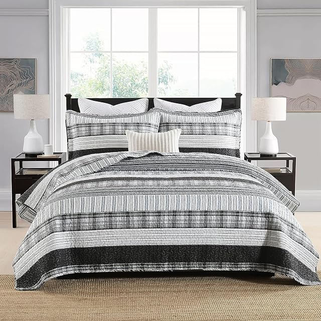 Homzard King Size Quilt,Black and White Striped Quilt King Size Bedding Set,Grey King Quilt Bedding Set,Farmhouse Lightweight Quilt Set for King Size Bed,100% Cotton Quilt Bedding All Season
